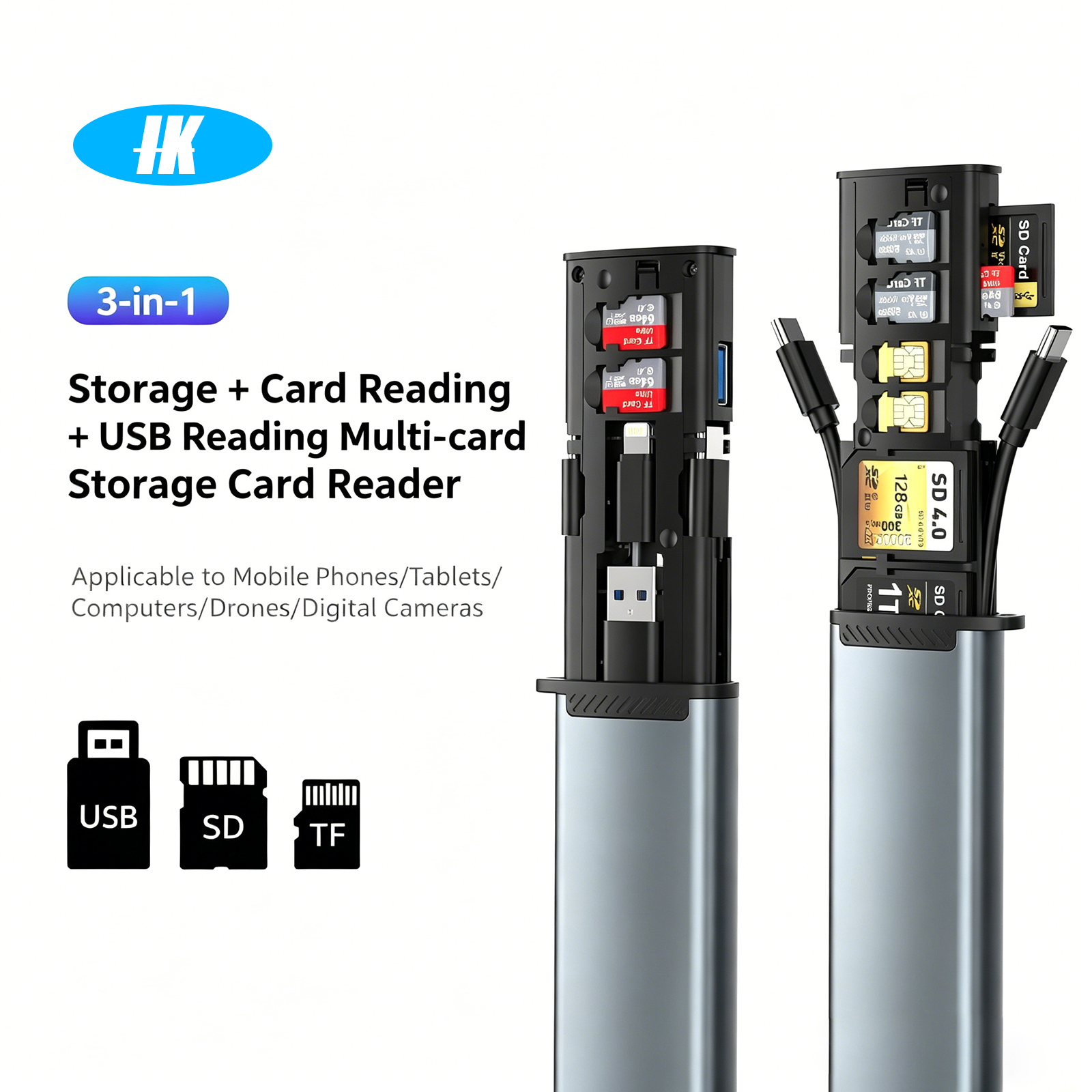 13 in 1 アルミニウム合金ポータブルカードリーダー複数カード同時読み取り SD/TF 3.0 高速 USB 2.0 Type-C 収納ボックス