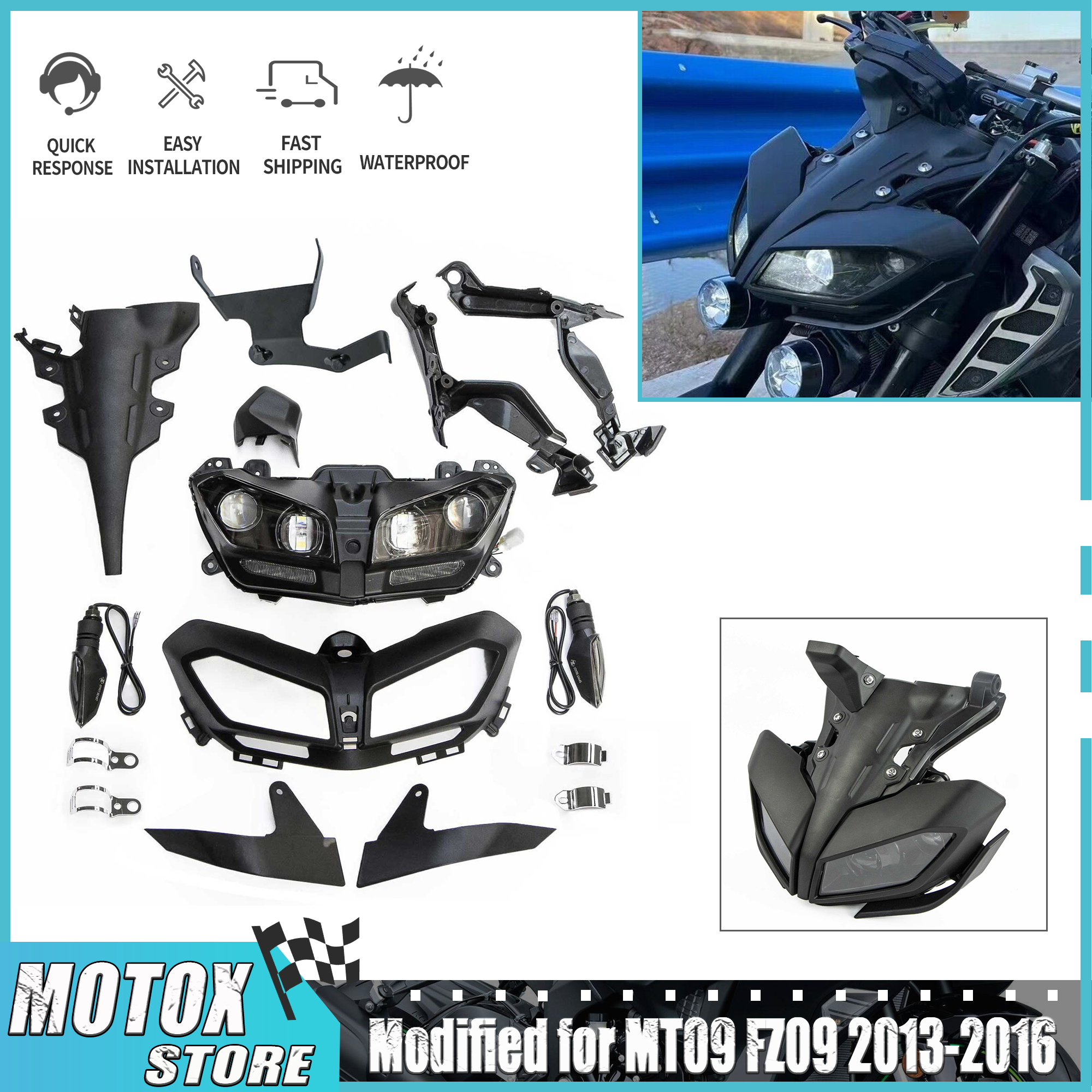 2014 - 2016 ヤマハ MT09 FZ-09 MT-09 ヘッドライトアセンブリ MT 09 2015 オートバイヘッドライトセットターンシグナルミラーに適合