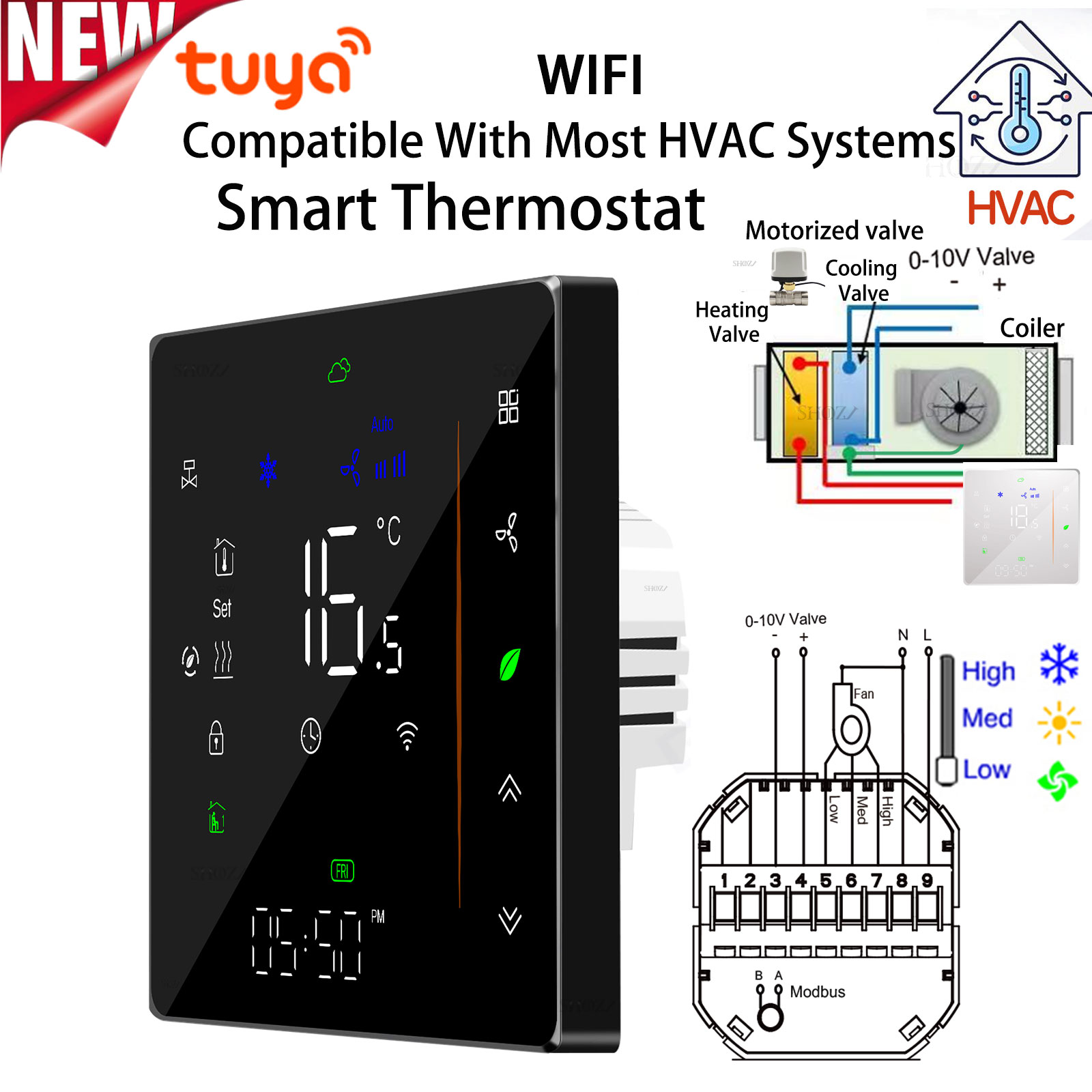 TUYA Wi-Fi 2 パイプ 3 スピード ファン コイル ルーム サーモスタット - 0-10V 変調バルブ HVAC 温度コントローラー 加熱および冷却用