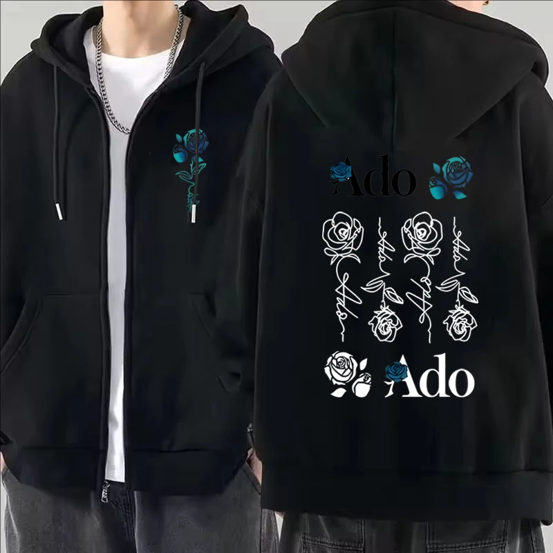 2025 Ado グラフィックプリントジッパーパーカー秋冬男性女性カジュアルファッション原宿 Y2K フリース長袖ジップアップパーカー