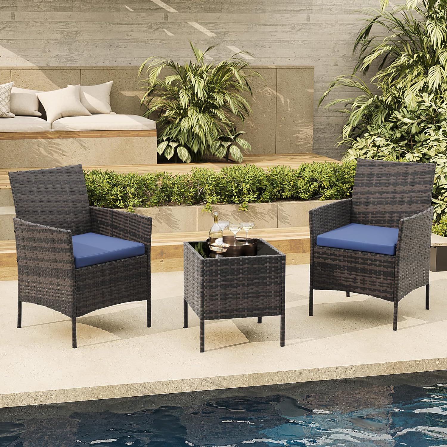 3 Piece Outdoor Patio Furniture Set, PE Rattan Wicker Chairs with Soft Cushions, Tempered Glass Coffee Table, All Weather Conversation Set for Garden Porch Poolside Balcony
