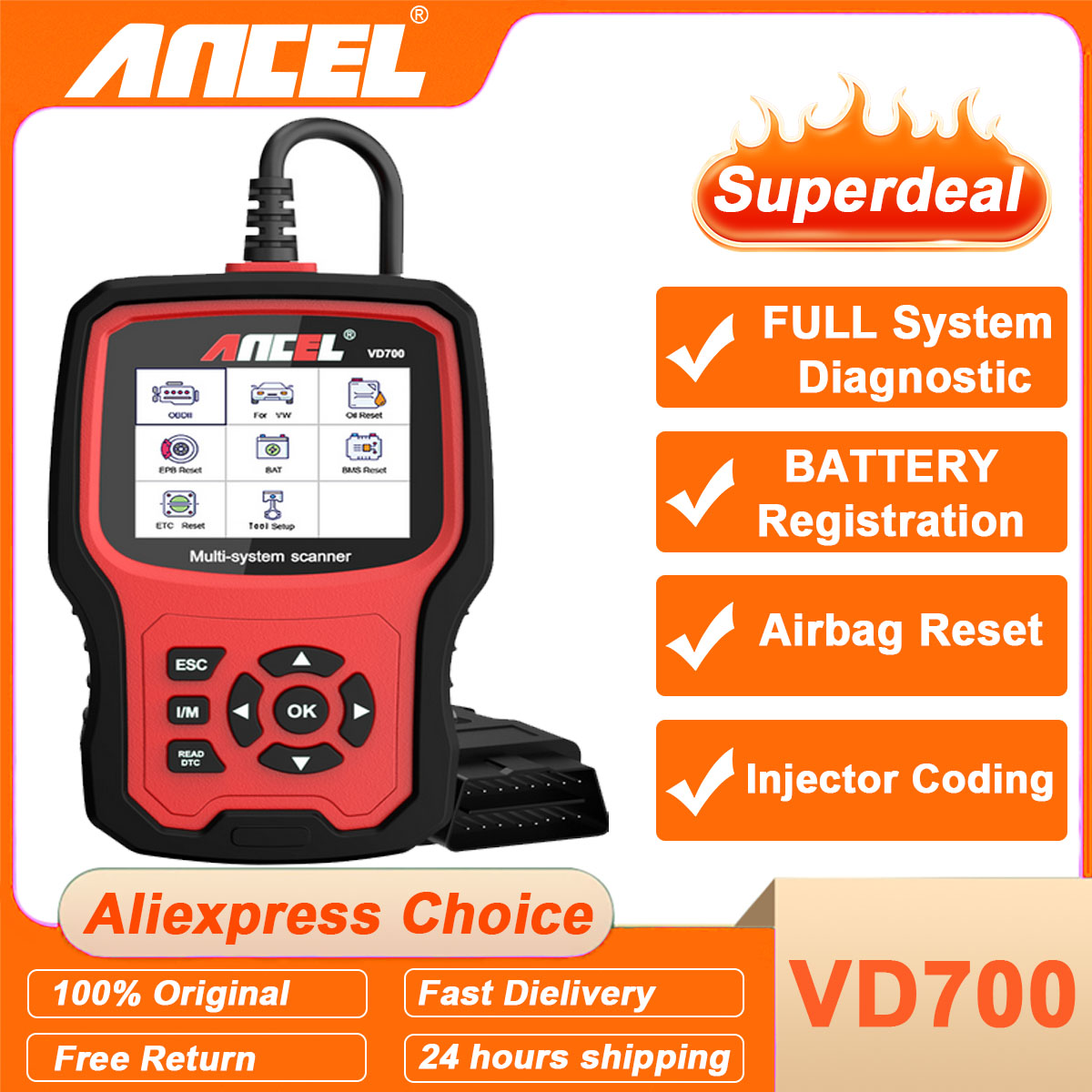 ANCEL VD700 プロフェッショナル OBD2 スキャナ VW アウディ用シート シュコダオイル EPB SAS TPMS リセットフルシステムコードリーダー