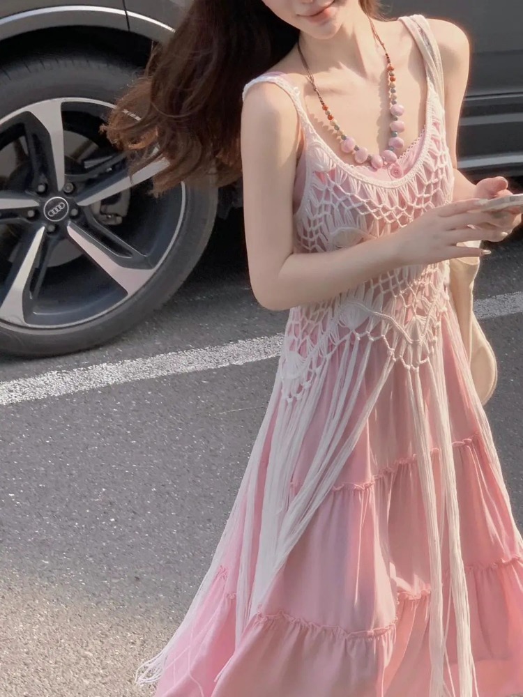 甘い夏のドレススーツの女性のデザインタッセルカバーアップブラウスロングドレスツーピースセットスリムビーチ休暇衣装 Y2k Vestido
