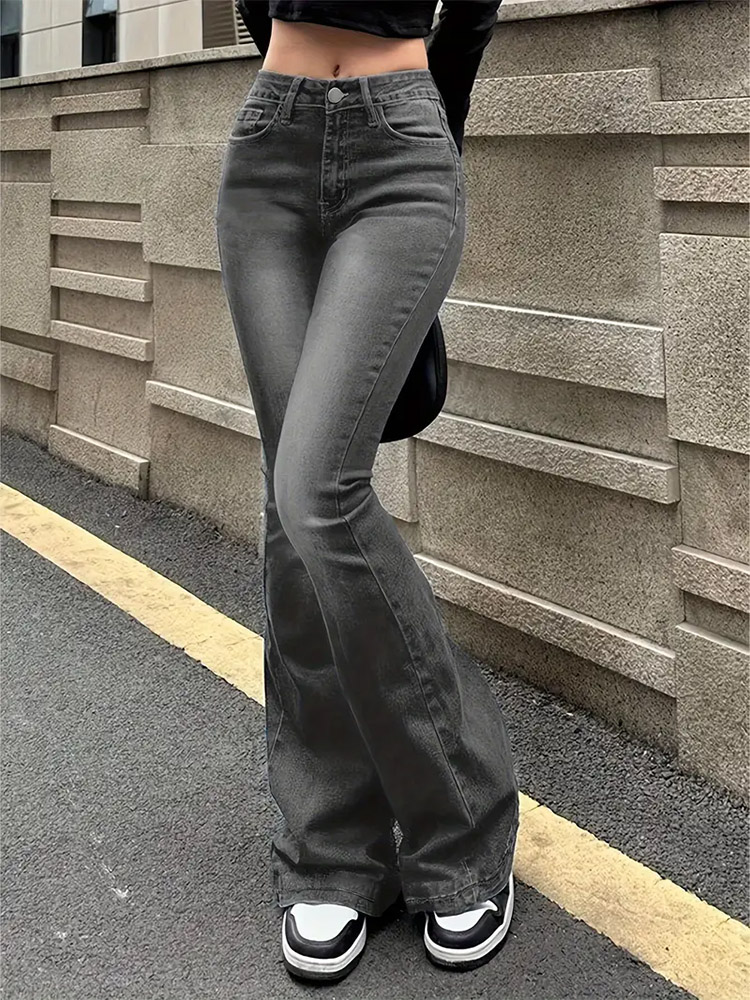 女性フレアストレッチ口ひげジーンズファッションスキニーベルボトムハイウエストグレーデニムパンツレディクラシック Y2K パンク長ズボン