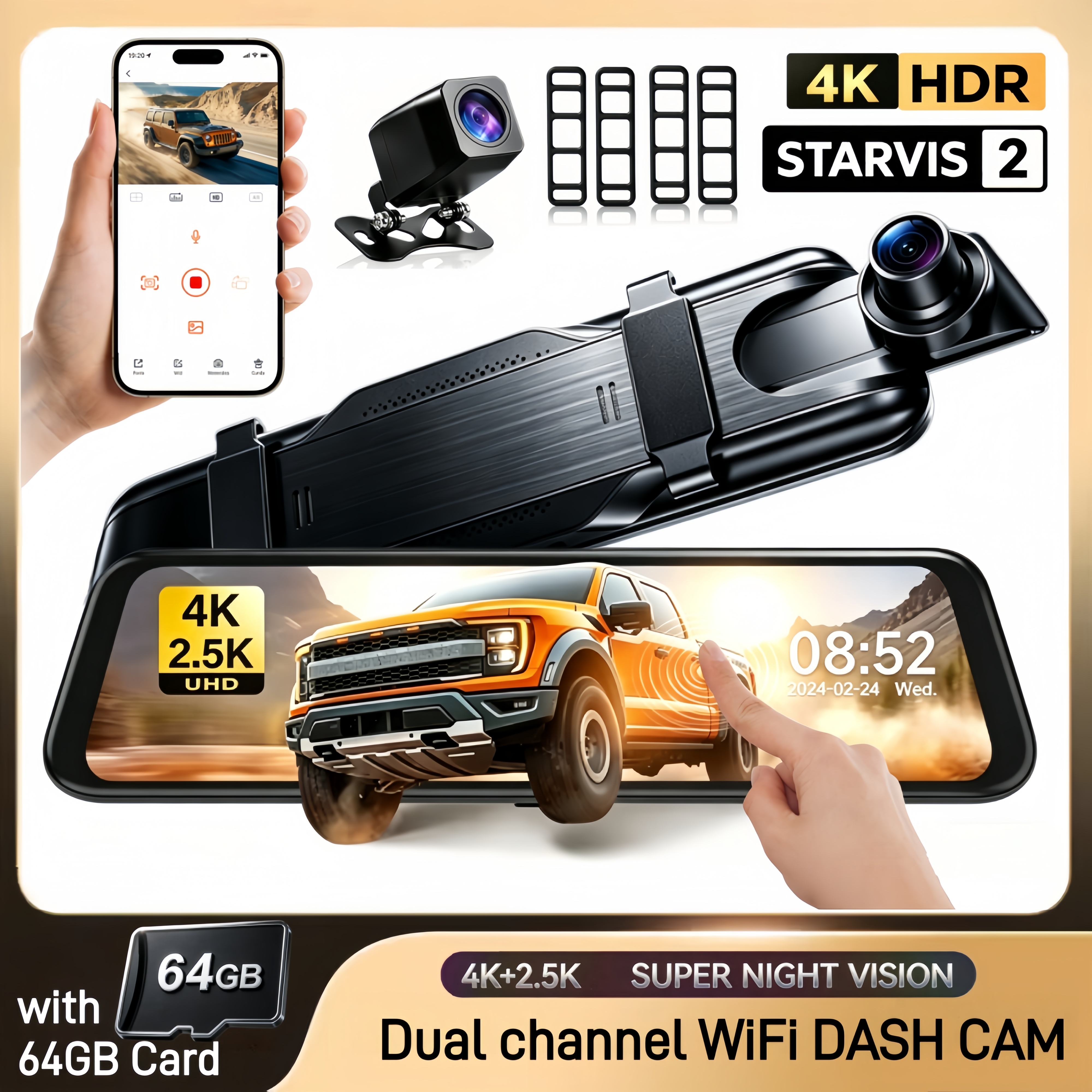 IMX678 4K+2.5K Rearview Dash Cam 10" IPS Touch Screen WDR 170 FOV Loop Recording Rear Cam With WiFi Car Recorder Stream Media Car DVR
