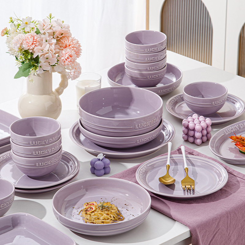 LingAo--セラミックパープル家庭用高外観レベルソリッドカラーボウル、プレート、スープボウル、食器セット