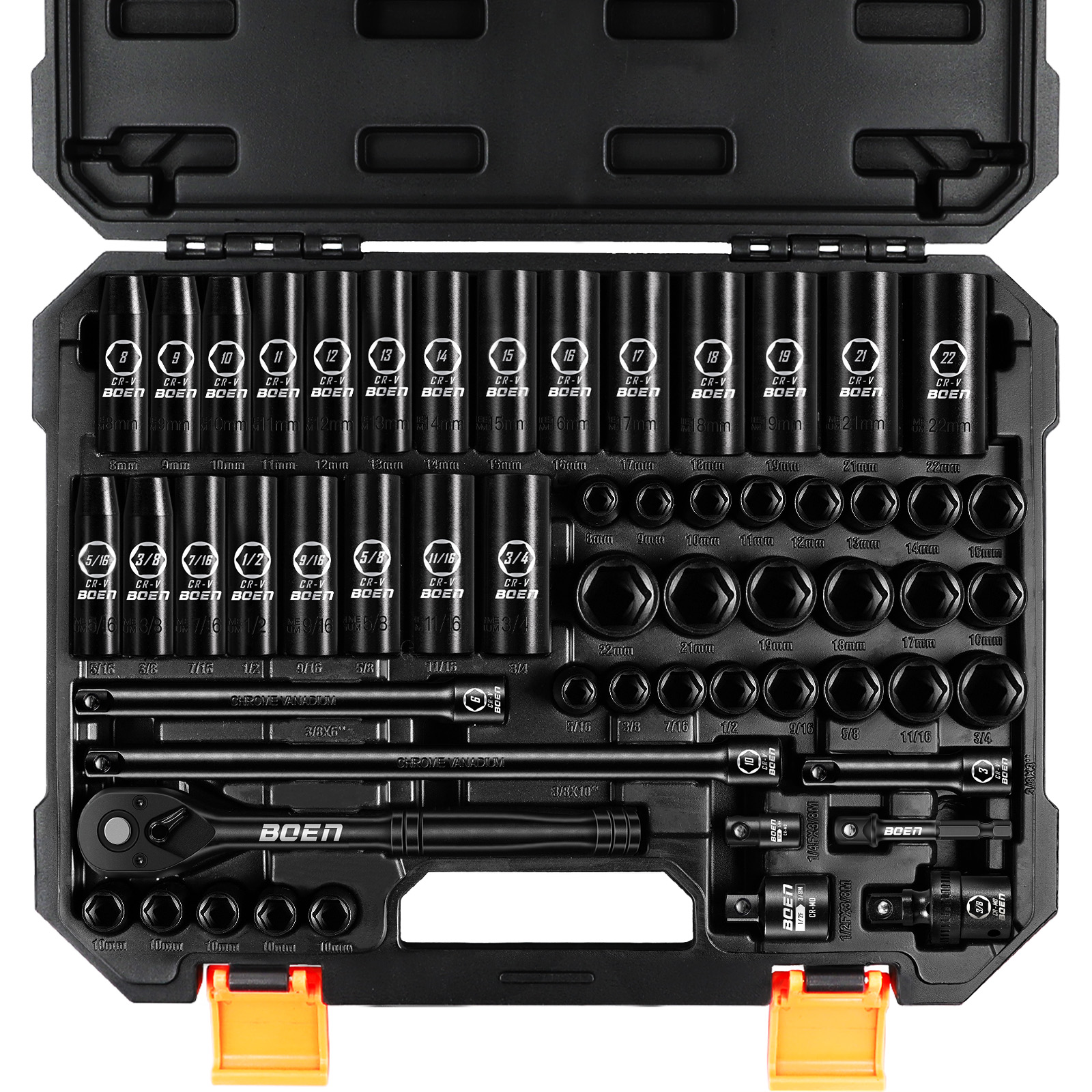 BOEN 3/8 インチドライブインパクトソケットセット、57 ピース標準 SAE (5/16 ～ 3/4 インチ) およびメトリック (8 ～ 22mm)、ラチェットハンドル付き、