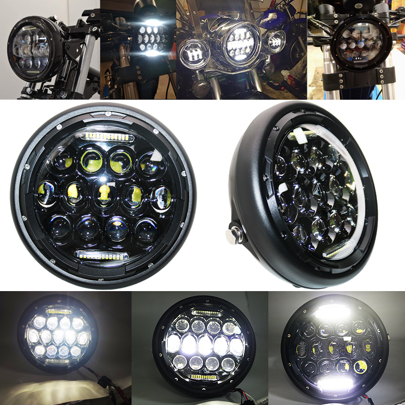 7 インチ LED オートバイヘッドライトユニバーサル 7.5 "ラウンドヘッドライトカフェレーサーボバーホンダ