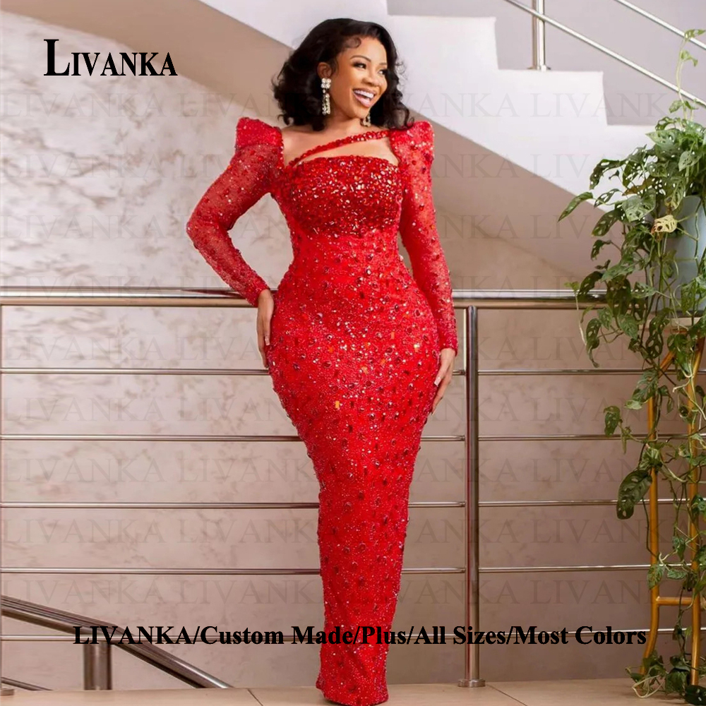 LIVANKA クラシックラインストーンセレブドレススクエアカラーフルスリーブフォーマルガウン Vestido デ Noche カスタマイズされたプラスサイズ