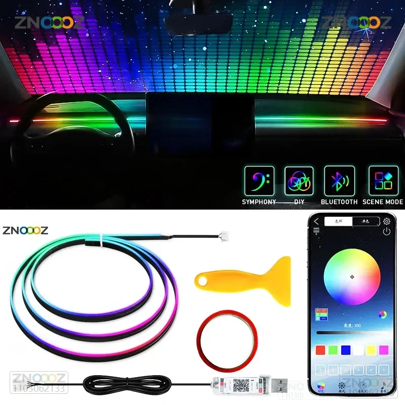 140cm 64color Car Dashboard Ambient Lights LED Interior RGB Symphony Atmosphere Lamp USB APP Control for Tesla Model 3 Y S X