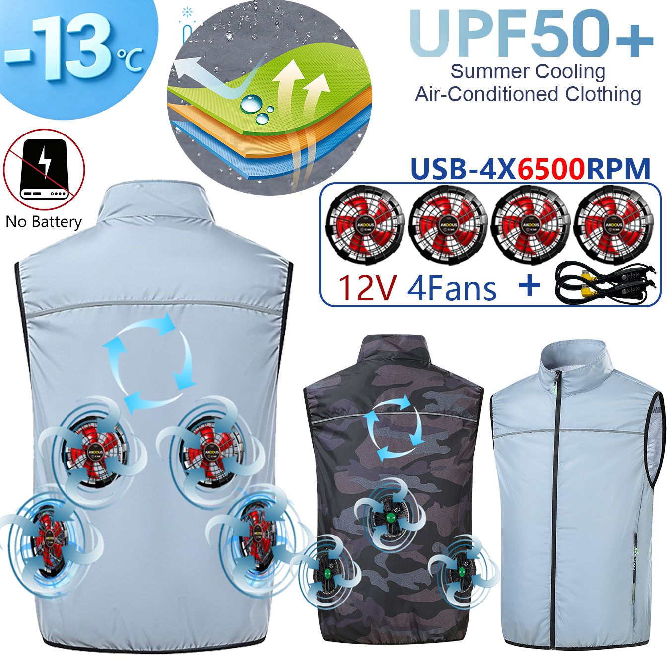 AKOOUS 12V/5V USB 4 ファン冷却ベスト男性ウェアラブル空調服屋外作業釣りハイキング緩いクールベスト
