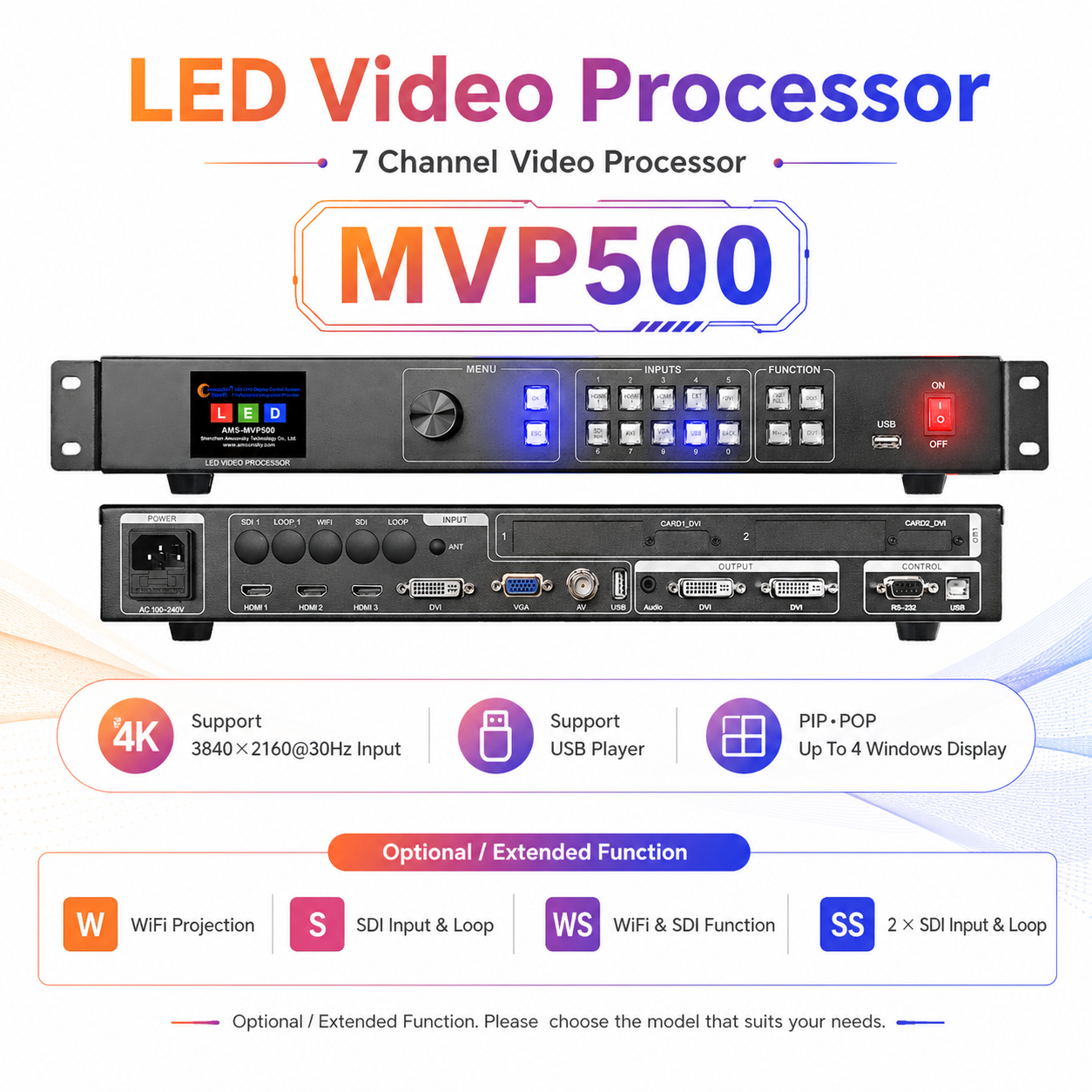 Amoonsky 4K マルチウィンドウ LED ビデオ プロセッサ AMS MVP500 7 チャンネル HD DVI USB ブロードキャスト会議
