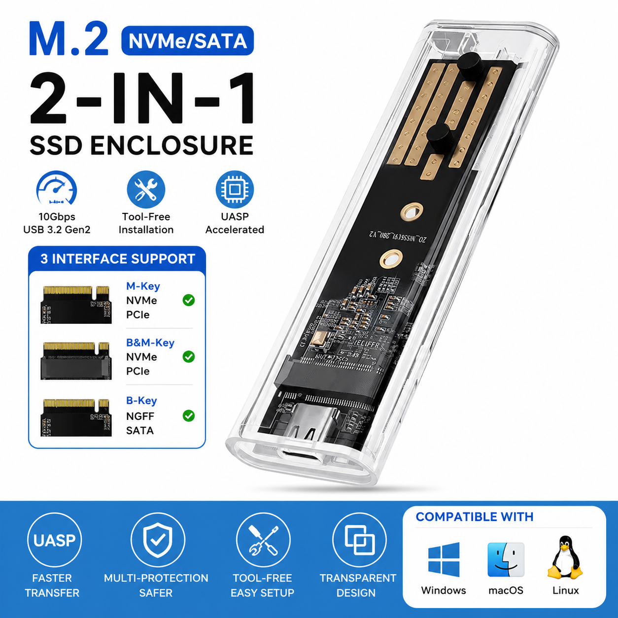 M.2 NVMe SATA SSD エンクロージャ、USB 3.1 Gen 2 10Gbps Type-C 透明外付けハードドライブケース、2230/80 用デュアルプロトコルアダプタ