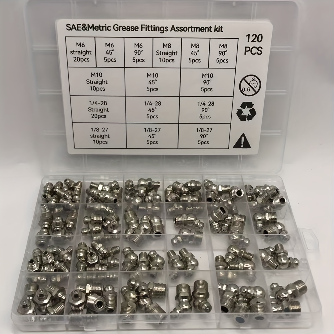 120 個の Sae およびメトリック グリース フィッティング セット - 油圧ザーク コネクタ、1/4 インチ、1/8 インチ、M6、M8、M10 仕様を含む、ストレート ヘッド、45 度角度 ° 角度ヘッドおよび 90 ° 角度ヘッド付き、Suitab