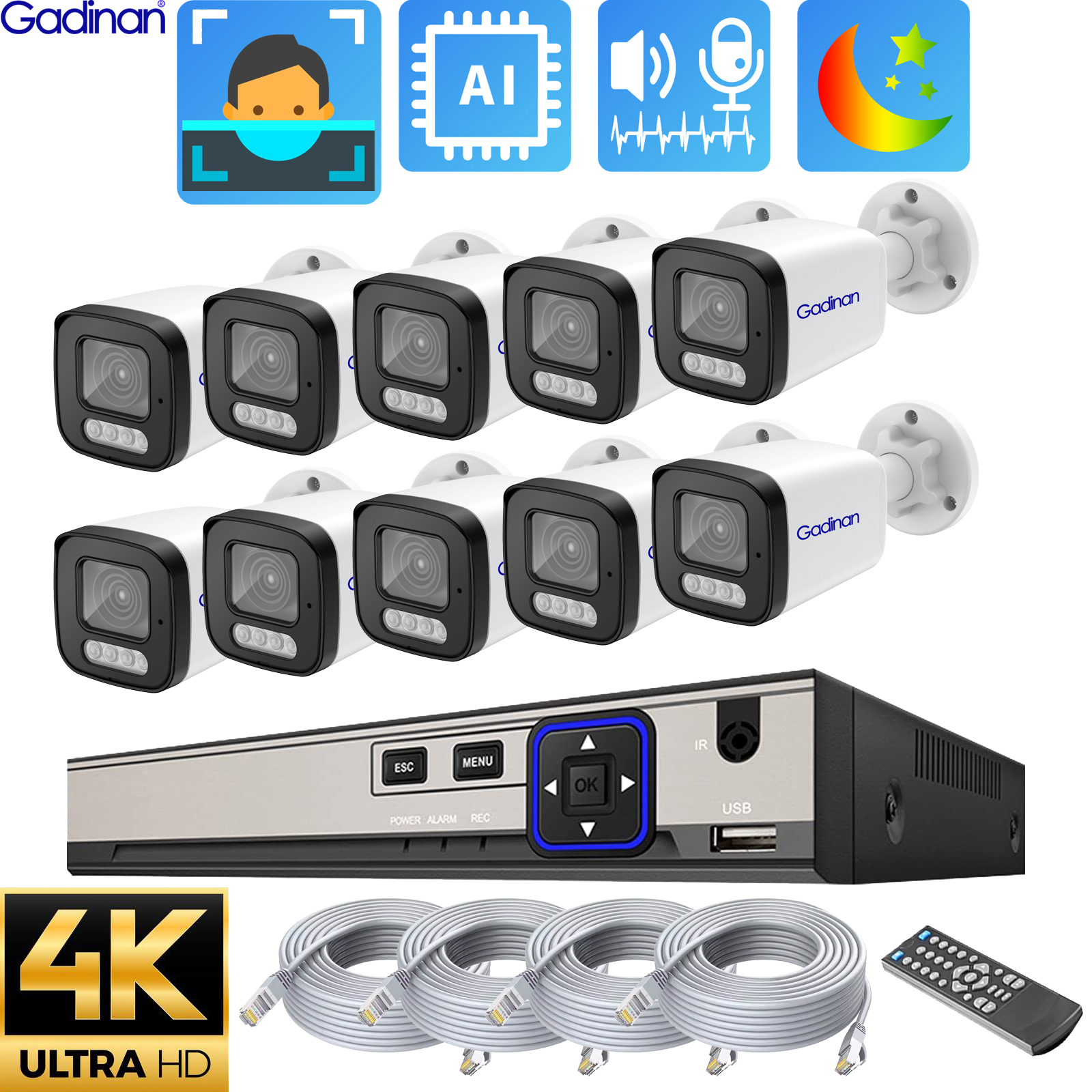 Gadinan 10CH CCTV Security Camera System IP Poe Home Face Video Surveillance 4K 4Mp 8Mp Kit Two Way Audio Ai Outdoor XMEye APP