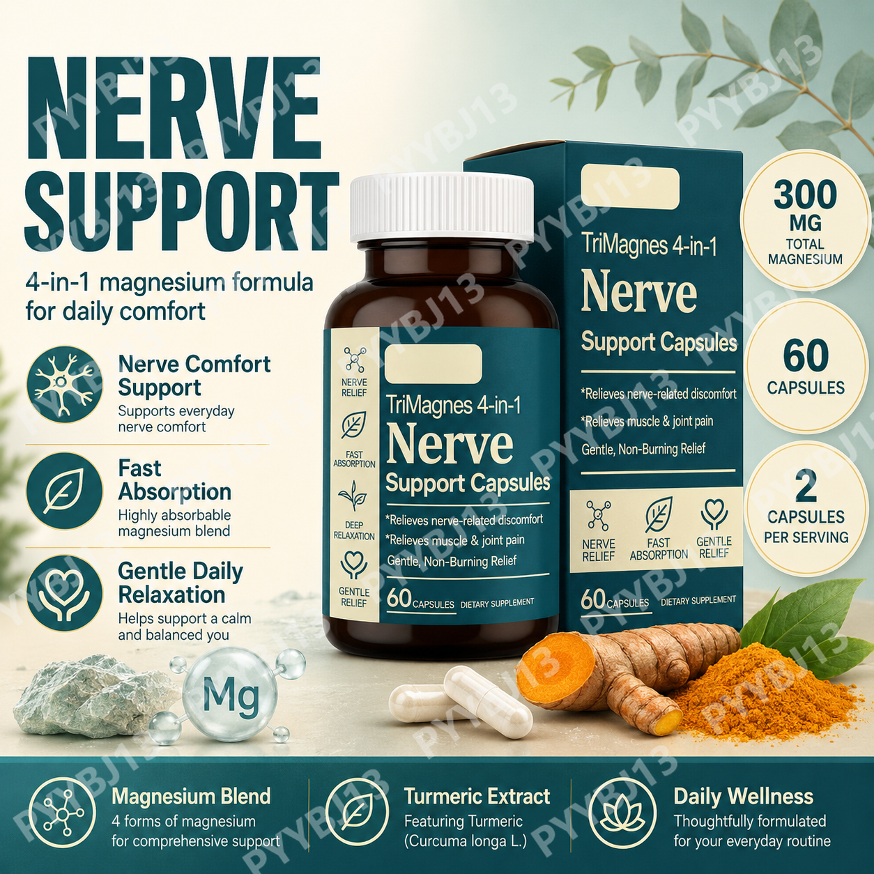 4-in-1 Magnesium Nerve Support Capsules with Citrate Glycinate Malate & Turmeric Extract, 60 CT, Fast Absorption Formula