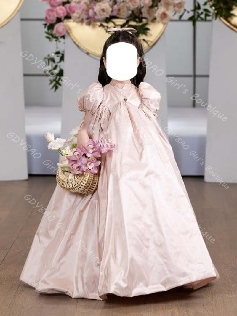 ピンクフラワーガールドレス結婚式幼児ハイウエストバルーンスリーブページェントドレスカスタマイズ子供の誕生日パーティーボールガウン