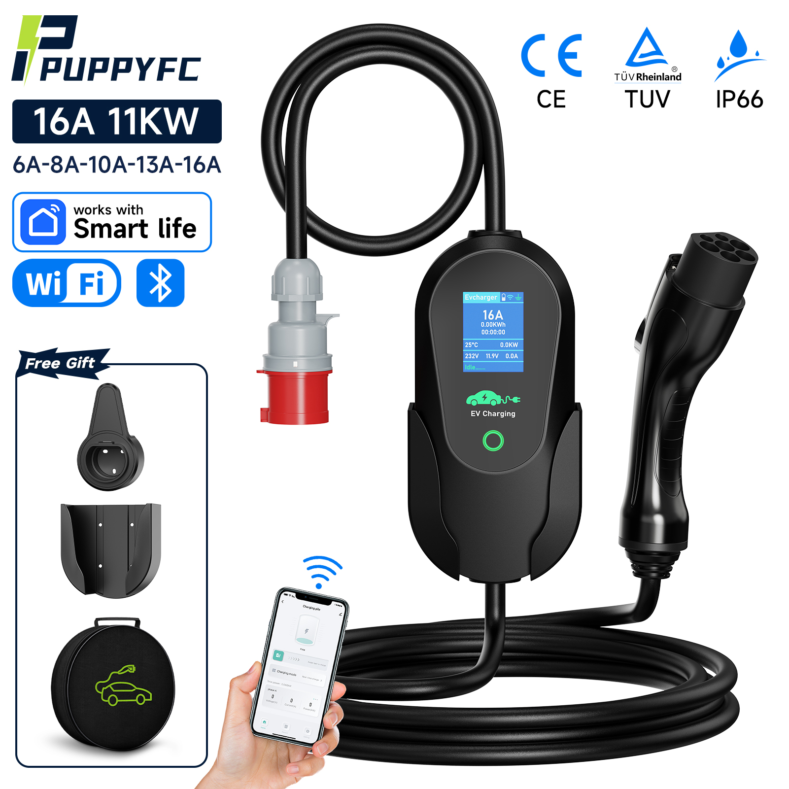 Puppyfc 11KW GB/T EV 充電器 16A 3 相ポータブル Type2 充電ウォールボックス ケーブル WiFi 制御 CEE プラグ IP66 防水