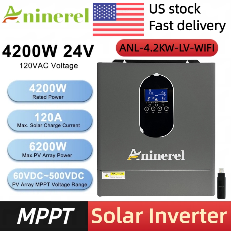 Aninerel 米国在庫 4.2KW 24V 新しい 110-120V ハイブリッドソーラーインバータ家庭用純粋な正弦波インバータ 120A MPPT 充電コントローラ