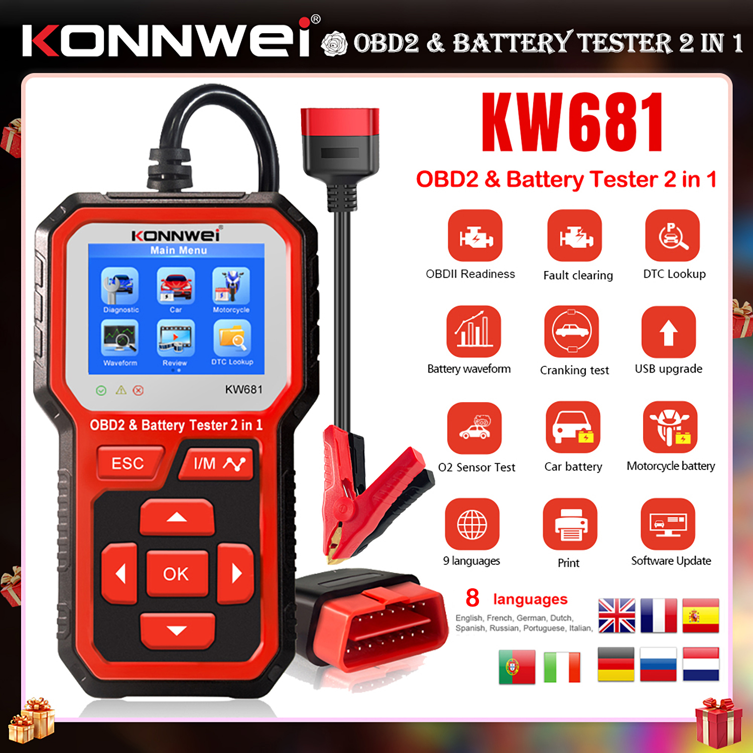 KONNWEI KW681 2 IN 1 OBD2 スキャナバッテリーテスター 6V 12V 車オートバイ診断ツール CCA 100-2000 フル OBDII 機能