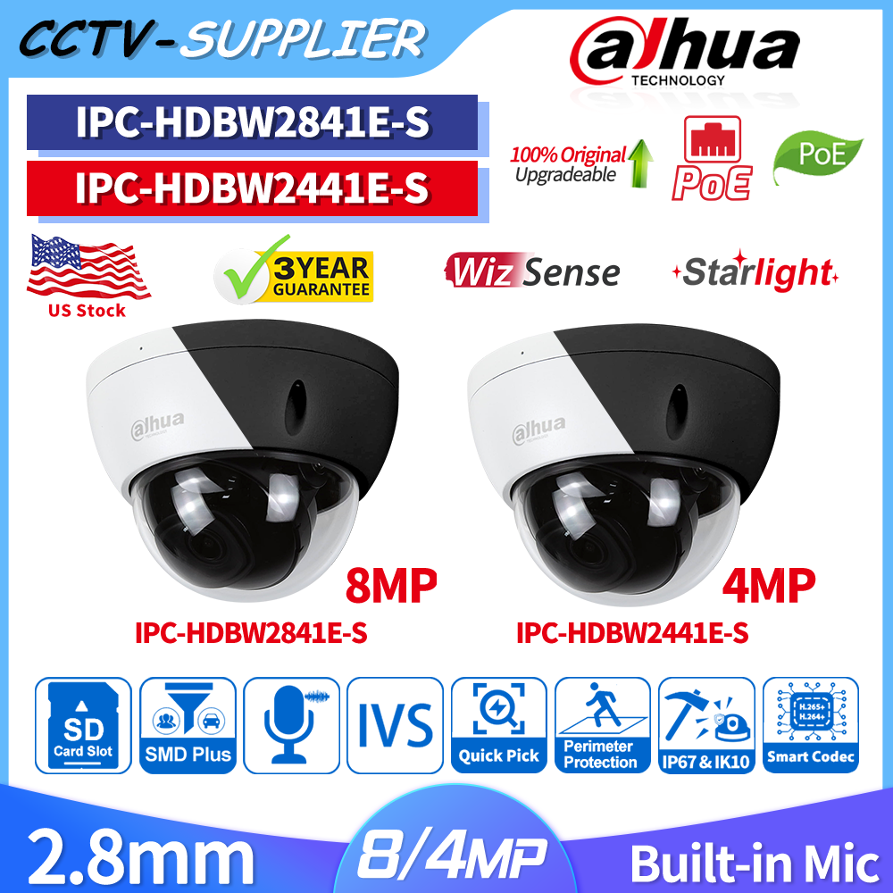 Dahua 4MP 8MP 4K ブラック ホワイト バンダルプルーフ IP ドーム PoE Strarlight Wizsense SMD プラス