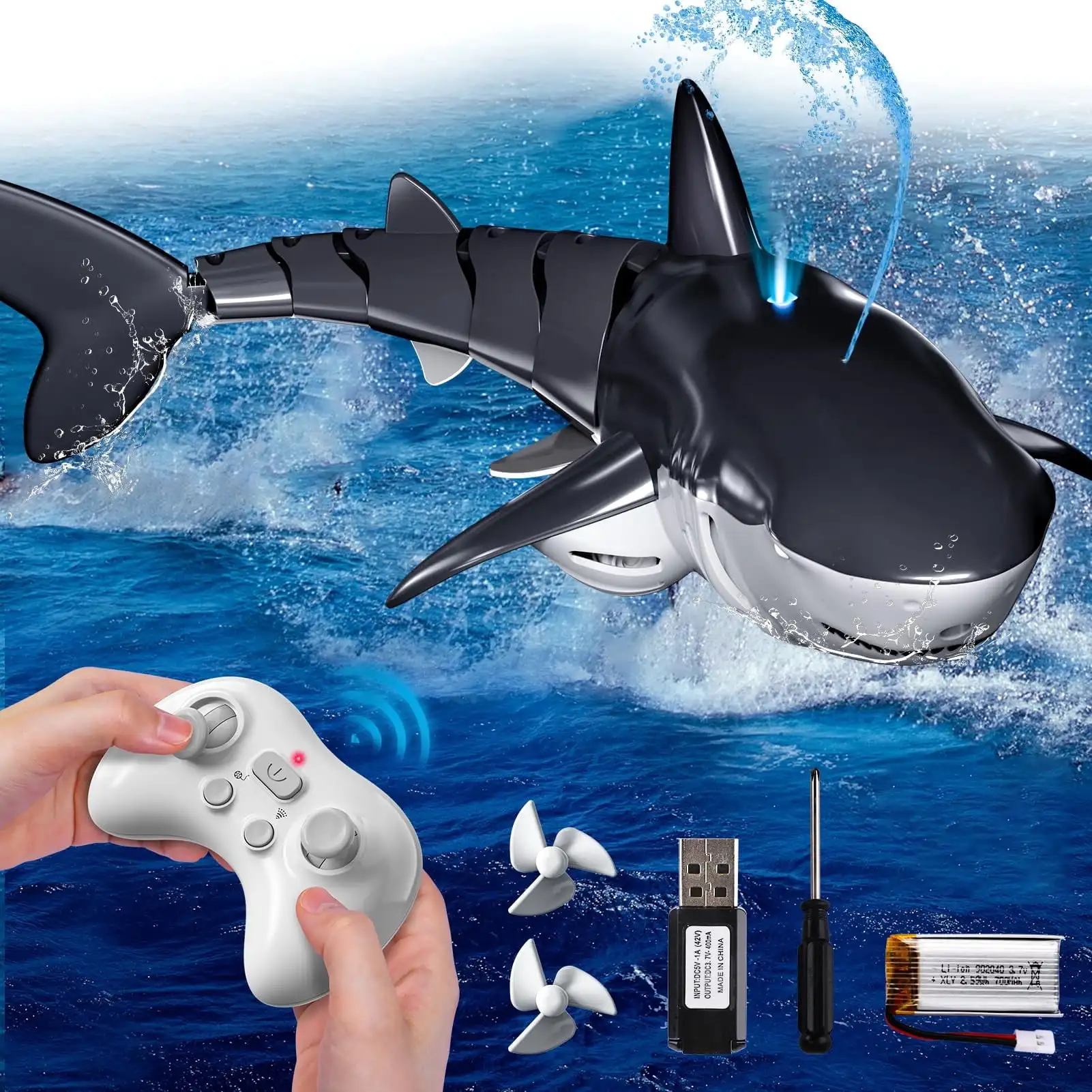 2.4GHz RC サメのおもちゃ キッズ ボーイズ 1:18 リモートコントロール サメの魚 スプレー水 LED ライト付き プール水のおもちゃ ギフト 対象年齢 6-12