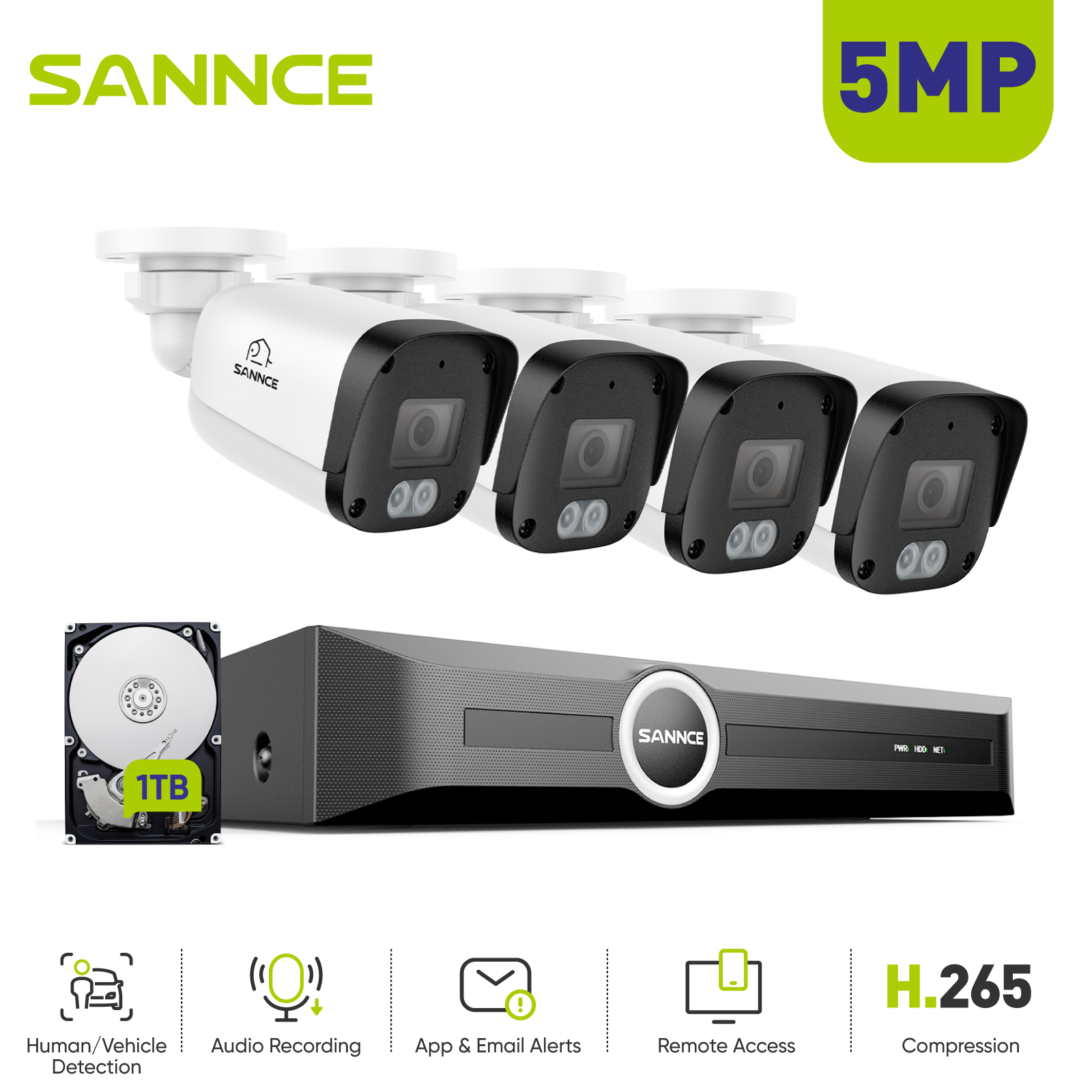 SANNCE 5MP PoE セキュリティカメラシステム - 8CH 6MP NVR 4PCS 5MP HD 耐候性バレット監視カメラ付き、H.265 ビデオ圧縮、スマート IR LED、APP プッシュアラート、リモートアクセス (1TB HDD)
