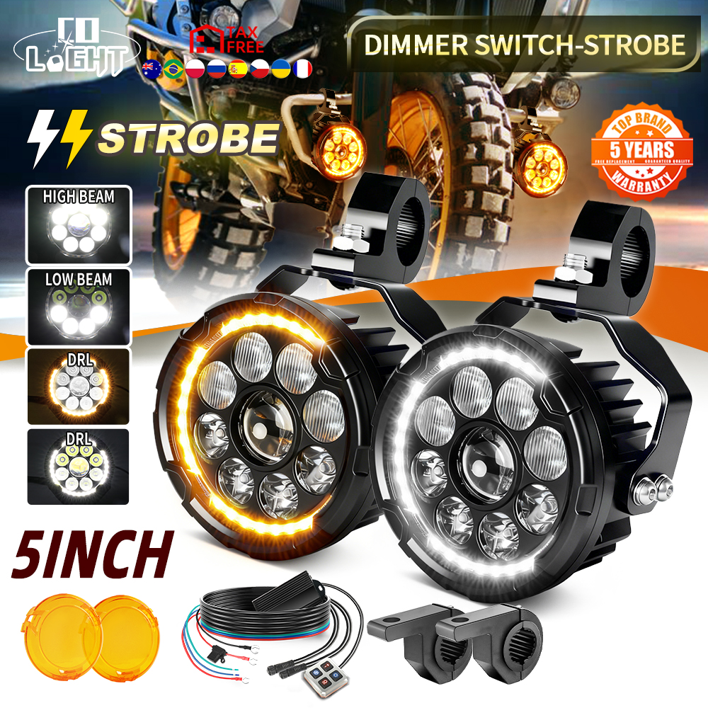 CO LIGHT 5 "オートバイヘッドライト白黄 DRL 調光スイッチストロボ LED ワークフロントライトバイクフォグランプオフロード使用
