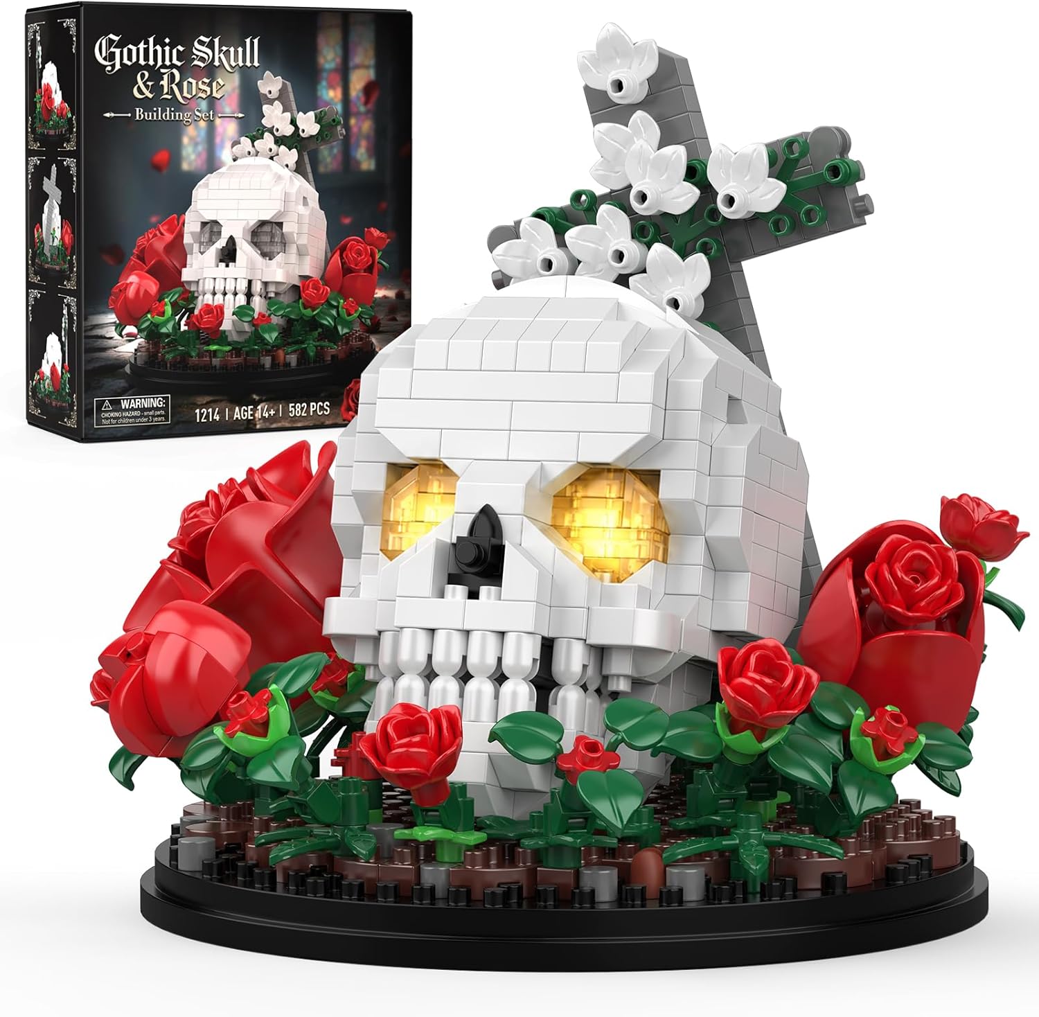 582 個のゴシックスカルバラマイクロビルディングブロック花の装飾モデルキットクロスホラーギフト大人ティーン向け 14 歳