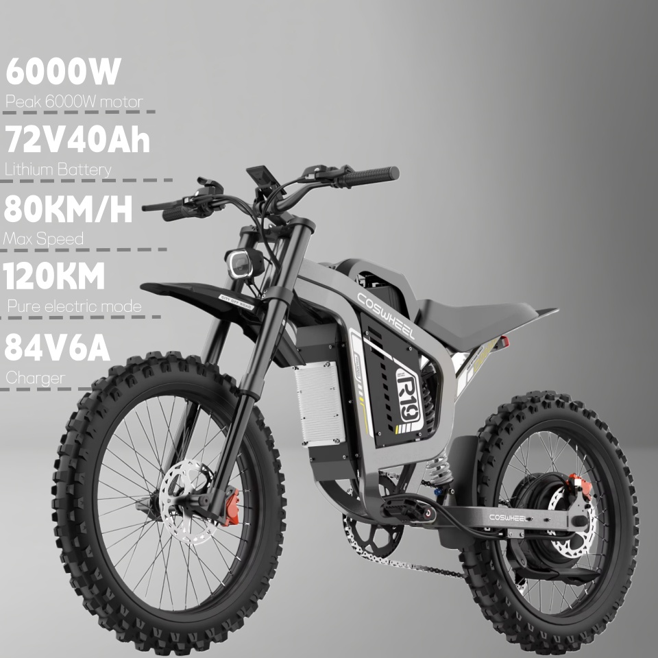 電動バイクレトロスタイル Coswheel R19 ピーク 6000 ワットモーター 70V 40AH バッテリー電動バイク 124 マイルオフロードライディング電動自転車