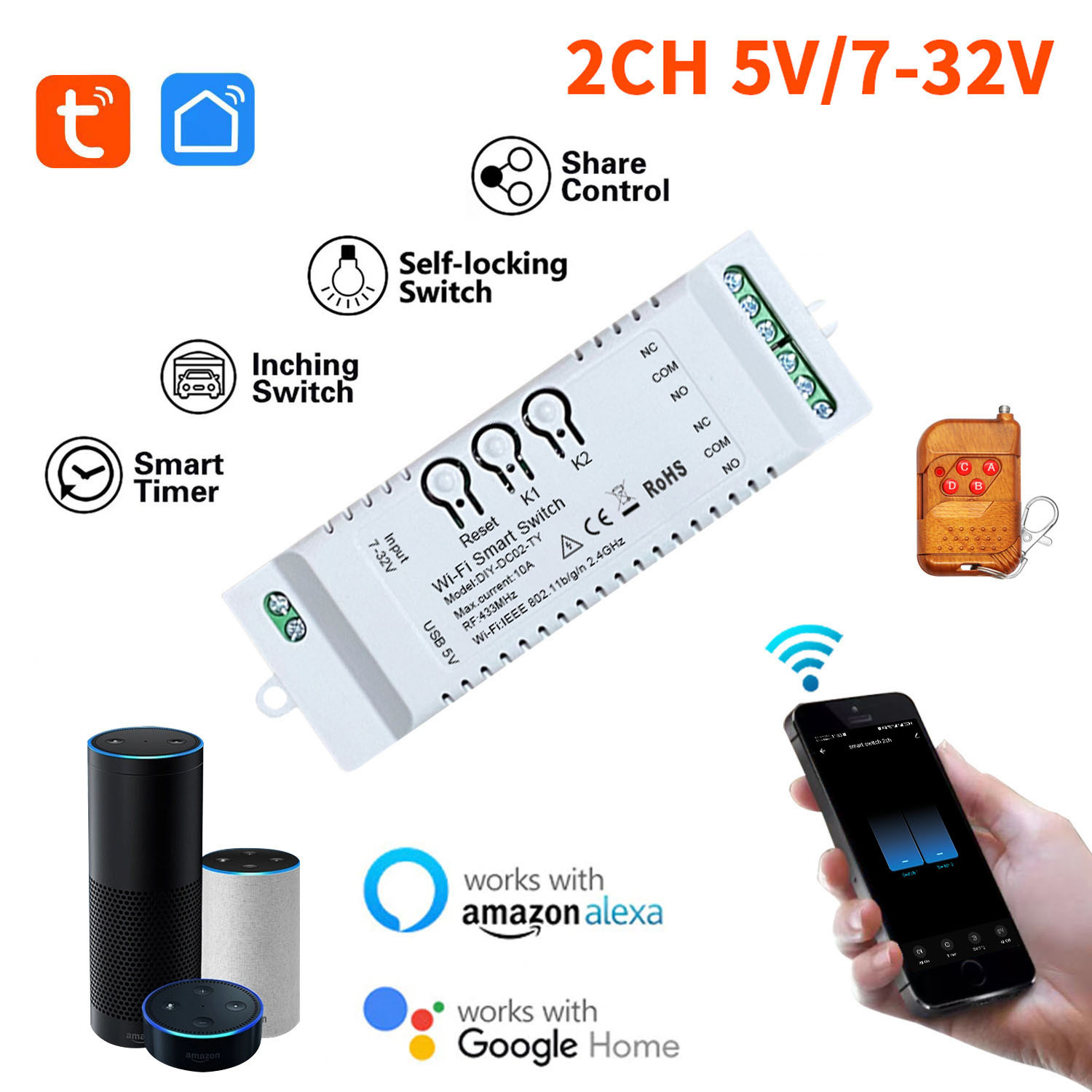 Tuya 2CH スマートスイッチ 7-32V Wifi ガレージドアリレースイッチモジュールワイヤレススイッチ Alexa オンオフ制御で動作