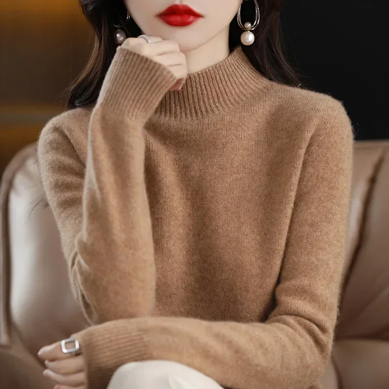 女性用 ニットウェア 秋冬 セーター 韓国 ベーシック ソリッド 長袖 プルオーバー 暖かい ボトリング シャツ ハーフハイカラー ブラック レッド