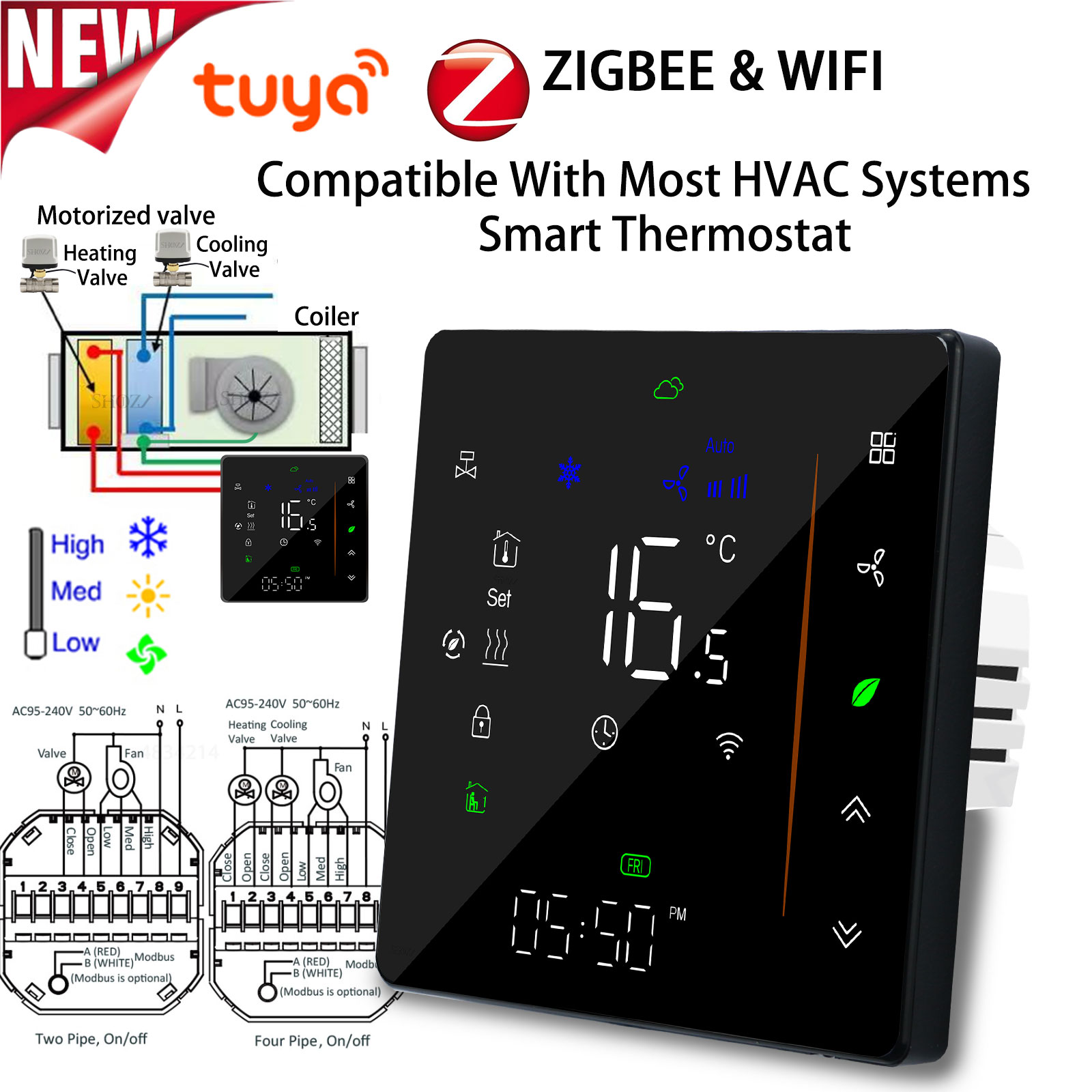 Tuya ZigBee デジタルディスプレイスマート温度コントローラー Hvac サーモスタット 3 スピード加熱冷却空調コントローラー