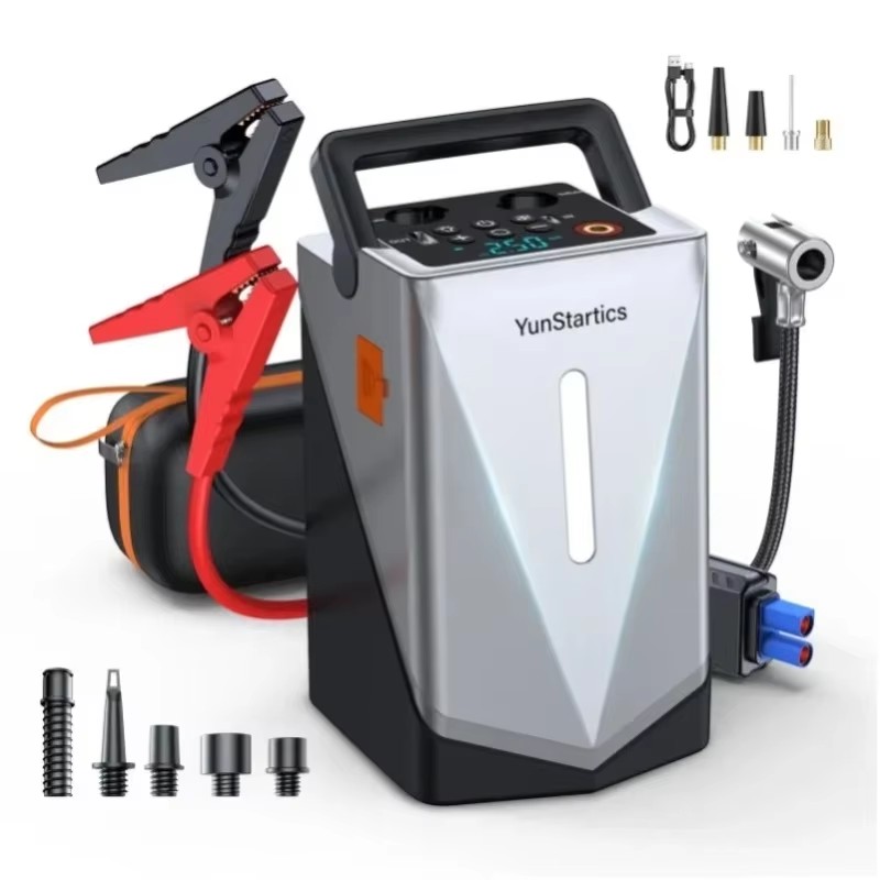 3-in-1 多機能カージャンプスターター タイヤインフレーター エアコンプレッサー付き デジタルディスプレイ LED 懐中電灯 スマートジャンパーケーブル ポータブル緊急電源バンク 自動車バイク用自動故障レスキューツール
