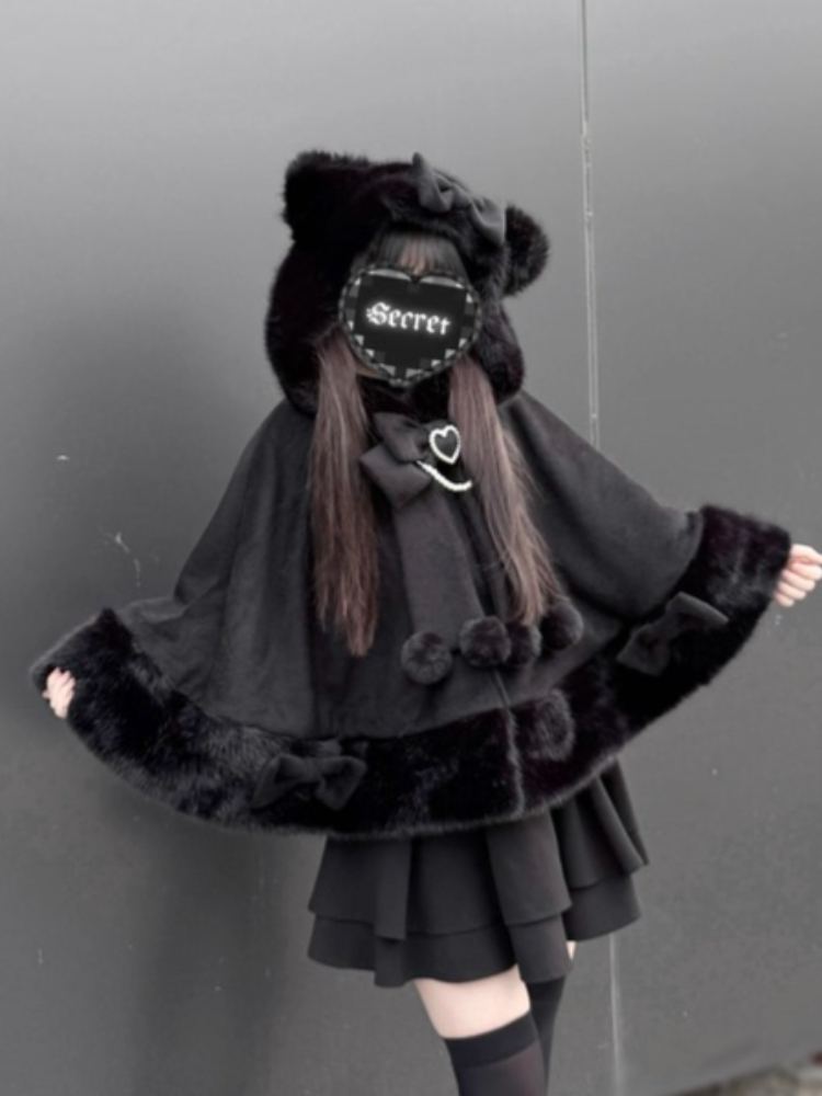 冬の新日本ロリータマントオーバーコート女性デザイン弓フード付きパッチワークかわいい対処コート原宿暖かい甘い毛皮の襟コート