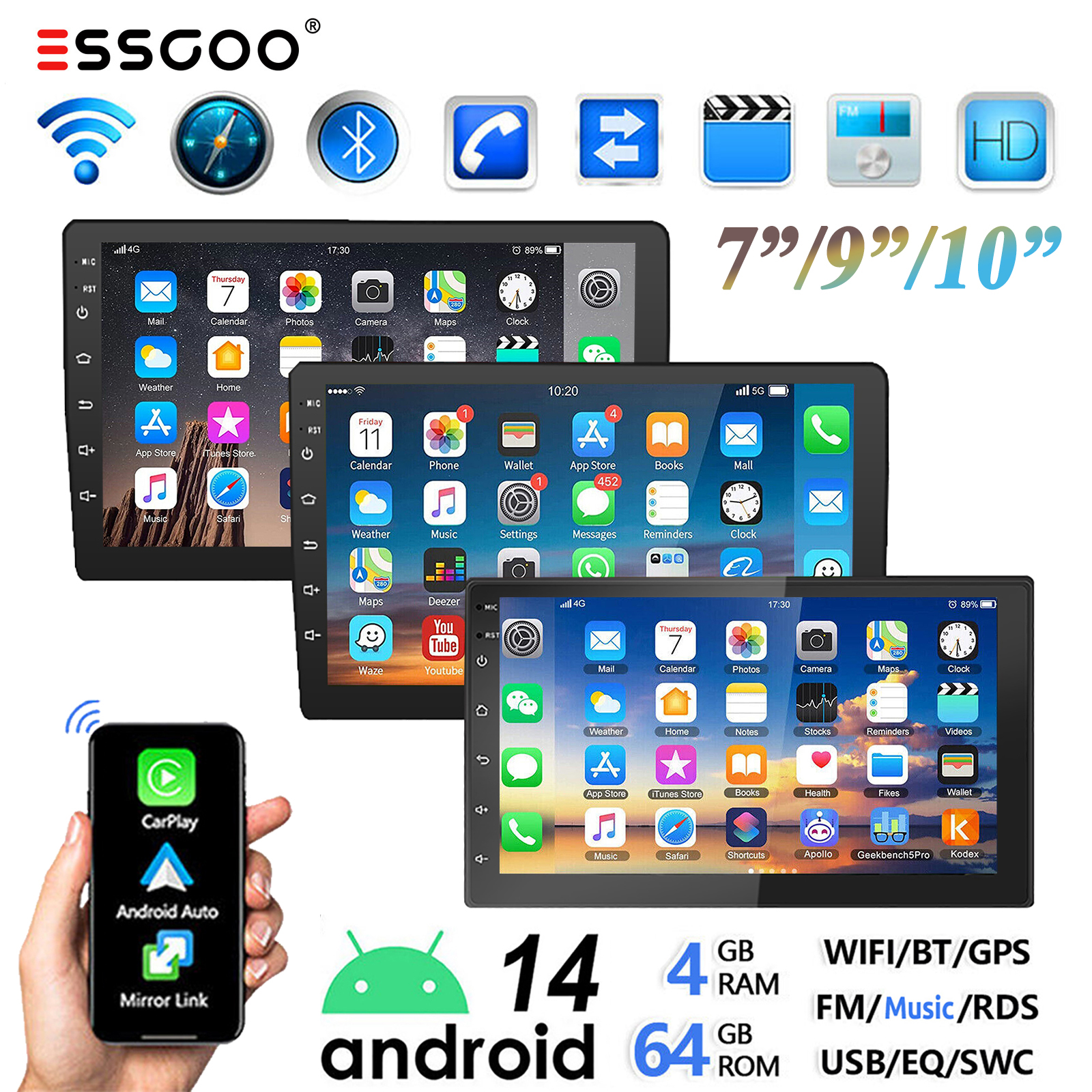 ESSGOO 7 "/9"/10 " 2 DIN Android 14 4 64G カーステレオ Carplay Android Auto GPS ナビ Bluetooth FM RDS ラジオ WIFI タッチスクリーン ChatGPT