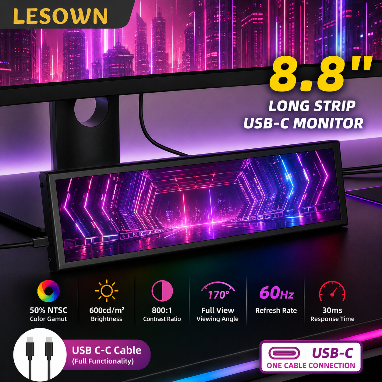 LESOWN Type-C 8.8 インチ Mac mini セカンダリディスプレイ 480x1920 ホワイトアルミニウムストレッチスクリーン SBC Linux デスクトップコンピュータ用