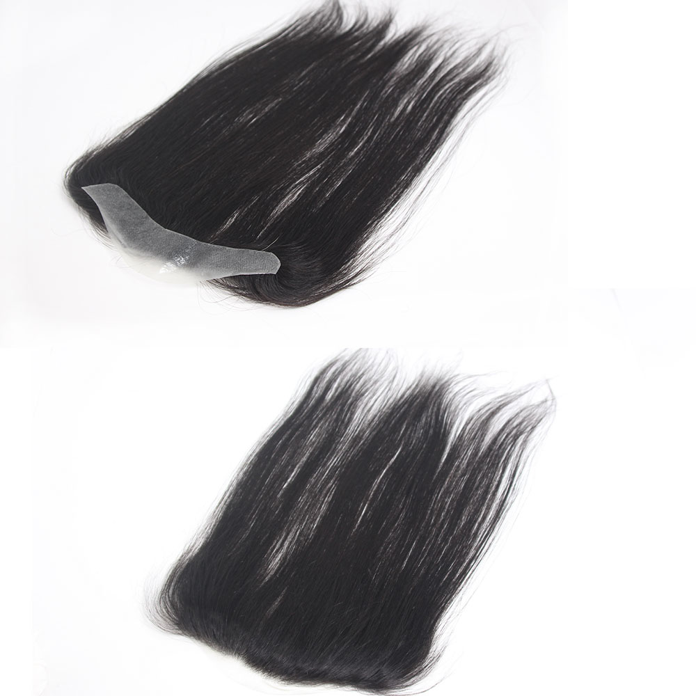 フロントヘアピース女性男性用 13 インチロング人毛ナチュラルブラックヘアラインロスストレートトッパー 0.78 "x6.3" 新しいスタイル男性のための