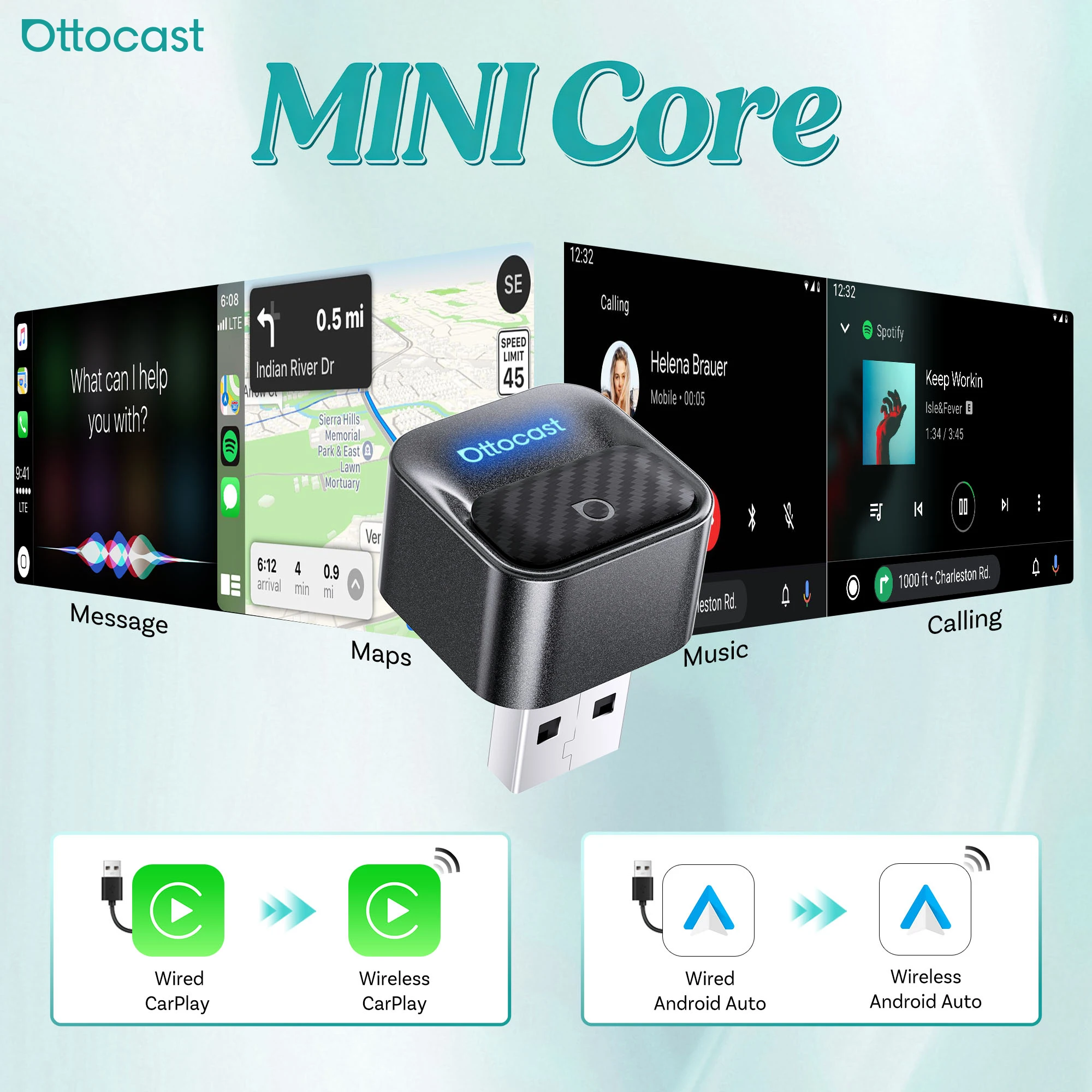 Ottocast 2026 ミニコアワイヤレス CarPlay Android 自動アダプター 2 で 1 3.0 キューブドングルカーアクセサリー起亜ベンツ VW トヨタ MG