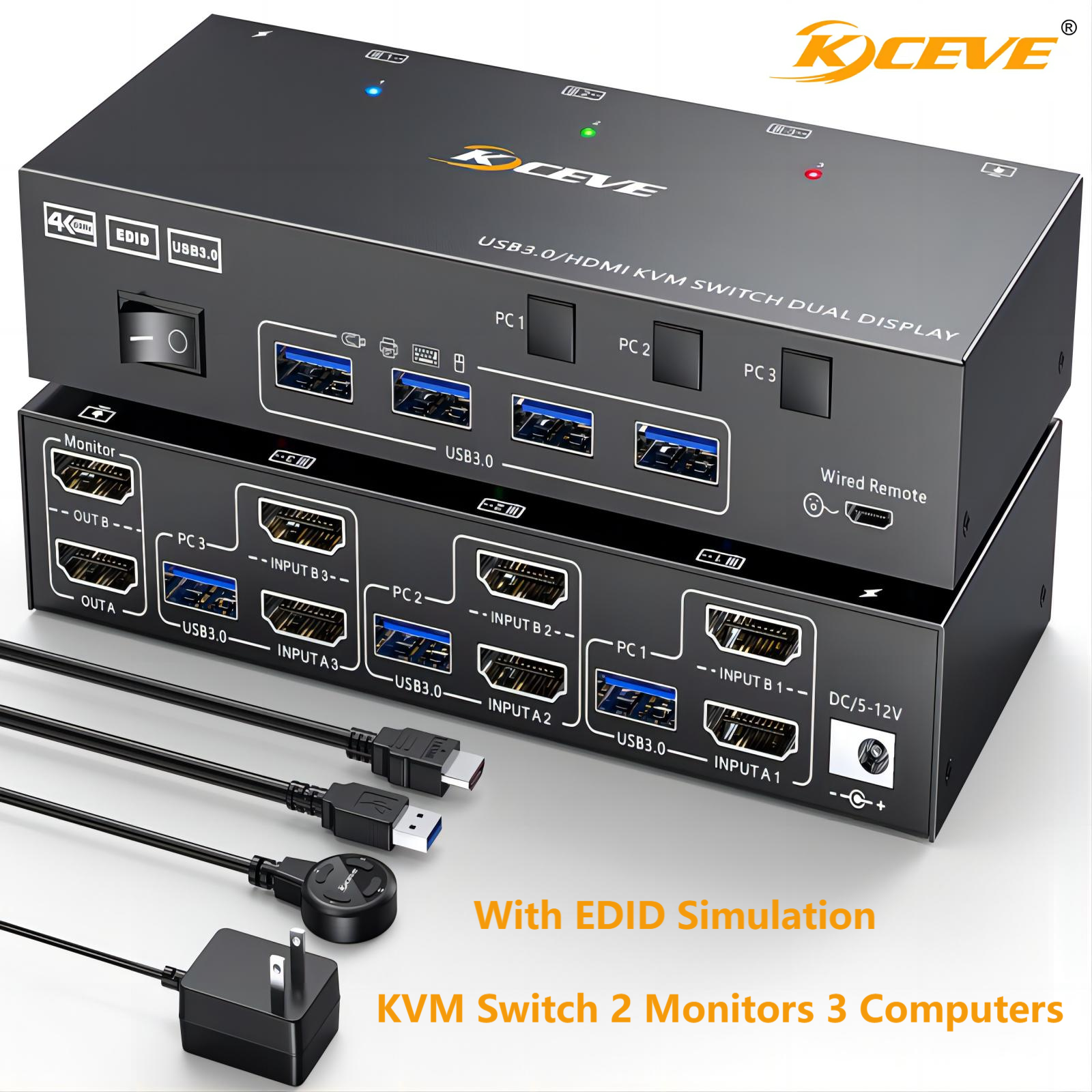 デュアルモニター KVM スイッチ USB 3.0 HDMI KVM スイッチ 2 モニター 3 コンピューター、EDID エミュレーター、4K@60Hz 2K@144Hz 4 USB 3.0 ポート
