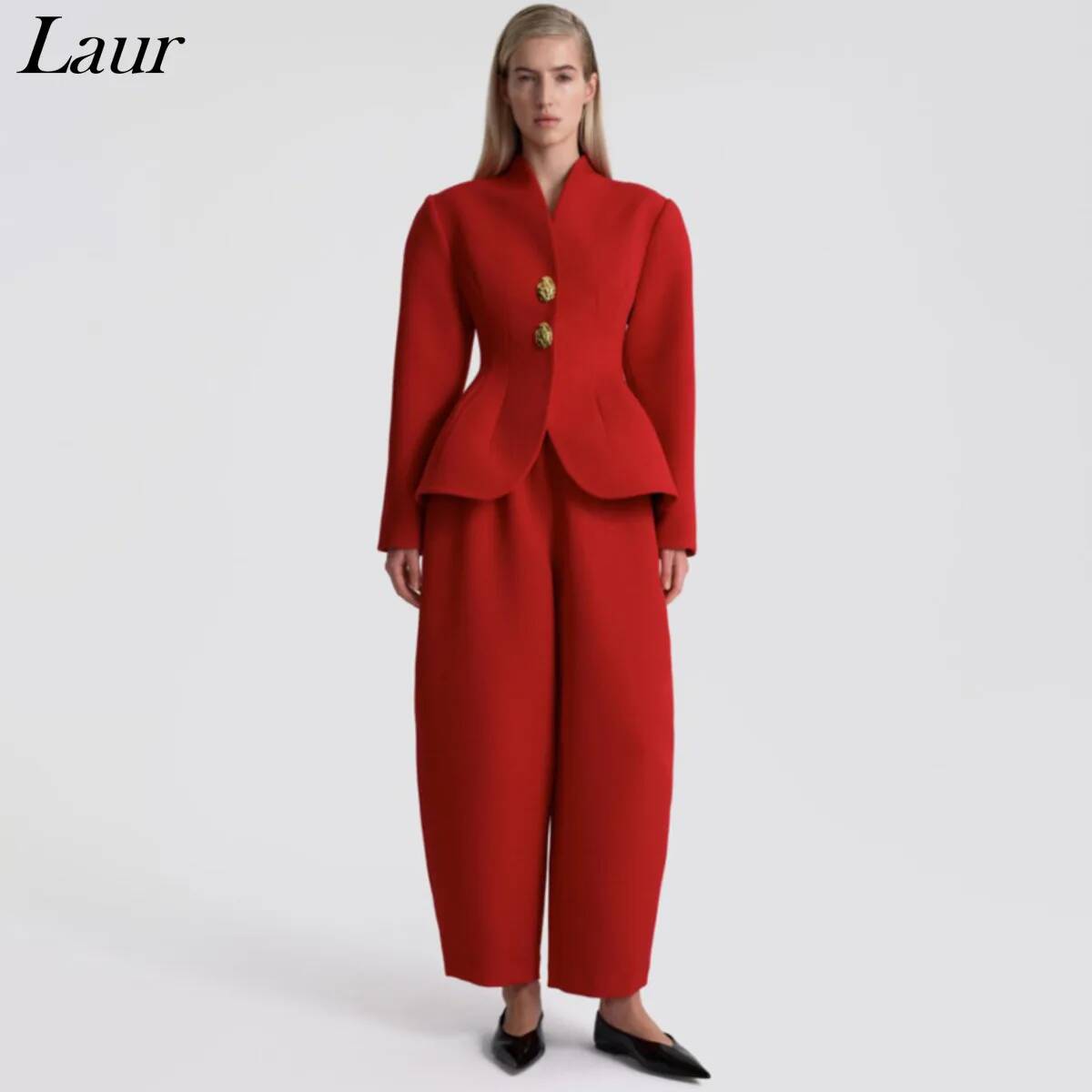 Laru 2026 新しい女性ツーピースセット V ネックペプラムブレザーバレルレッグパンツゴールドボタンスリムフィットエレガントなビジネスオフィス衣装