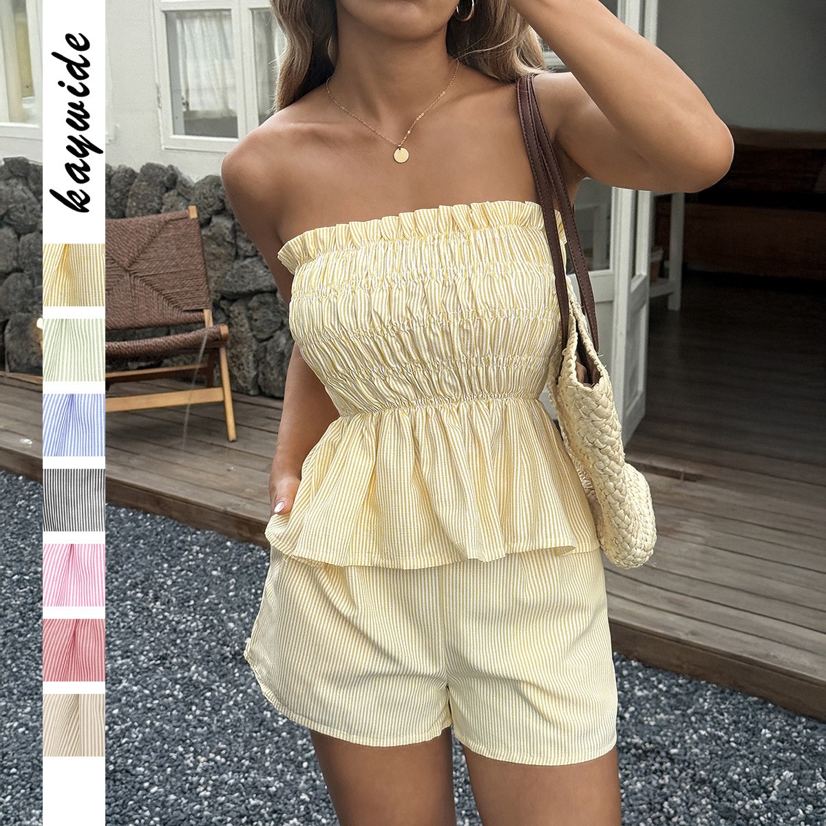 夏の婦人服祈りの服の女性カジュアルストライプクロップトップカプリセットイスラム教徒綿ポリエステルフリルノースリーブ