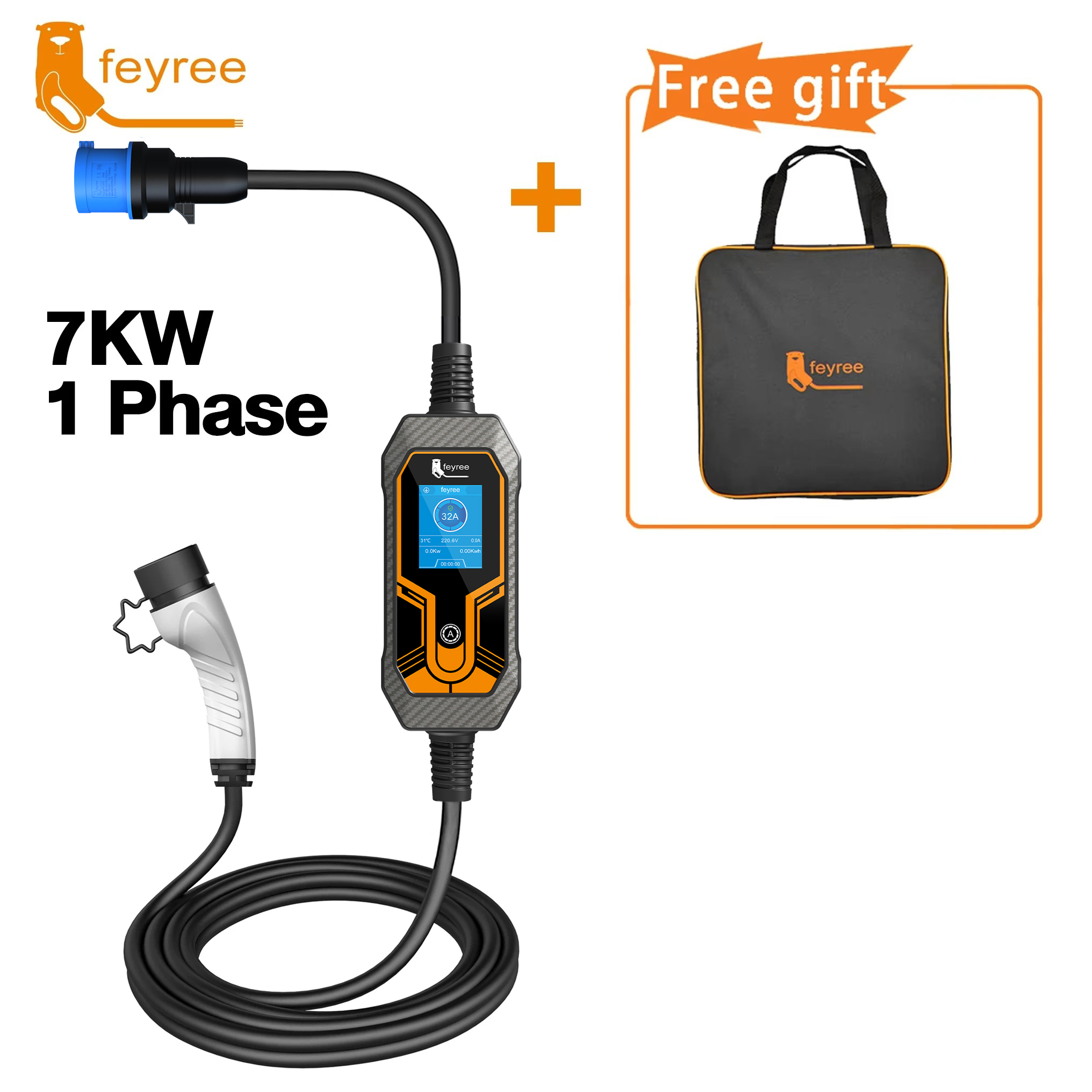 Feyree Type2 7KW 32A 1 相ポータブル EV 充電器 5 メートルケーブル電流調整可能な EVSE ウォールボックス充電ボックス電気自動車の充電器