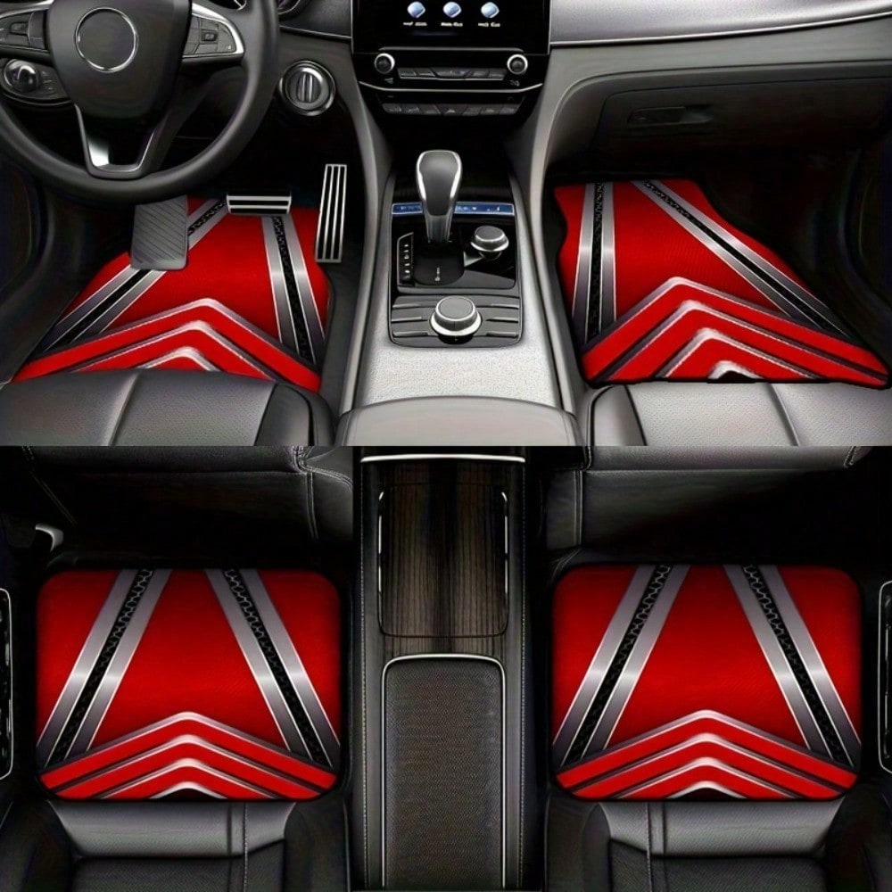 2/4 個の赤と黒の幾何学模様のクールな車のフロアマット、耐久性があり、セダン、トラック、SUV にユニバーサルフィット