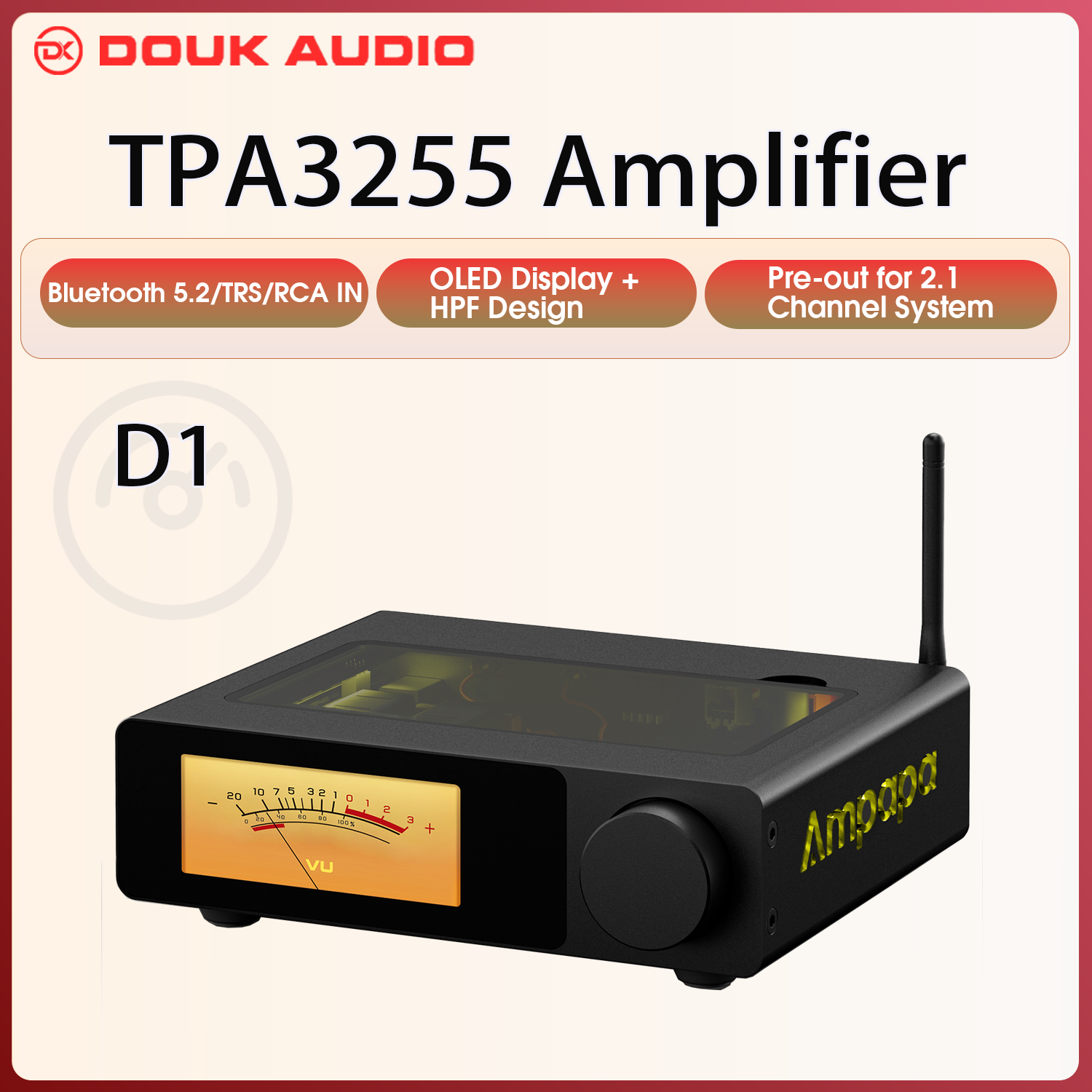 Ampapa D1 HiFi ステレオ Bluetooth 5.2 アンプ 2.0 チャンネル ホームオーディオ アンプ デジタル VU メーター付き HPF 300Wx2