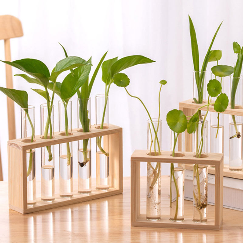 水耕植物コンテナ木枠付き透明ガラス試験管花瓶植木鉢家庭用卓上盆栽装飾工芸品