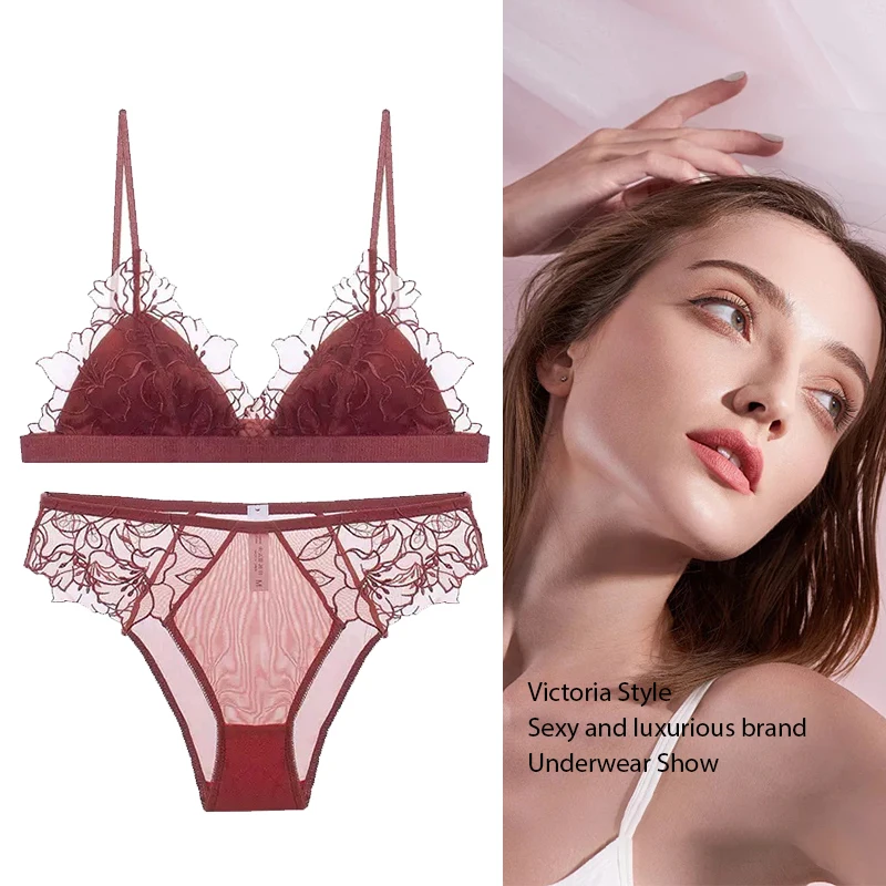 MOYISU Pure Desire Victoria フレンチレース刺繍ランジェリー レディース 薄型カップ 三角カップブラセット 快適なアンダーワイヤーなし
