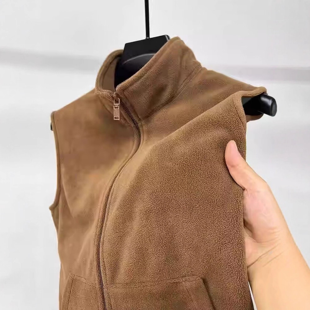 メンズ ルーズ フィット ジッパー開閉フリース ベスト ノースリーブ ピュア カラー スタンド カラー ジャケット 秋冬の新しいスタイル多用途なラージ...