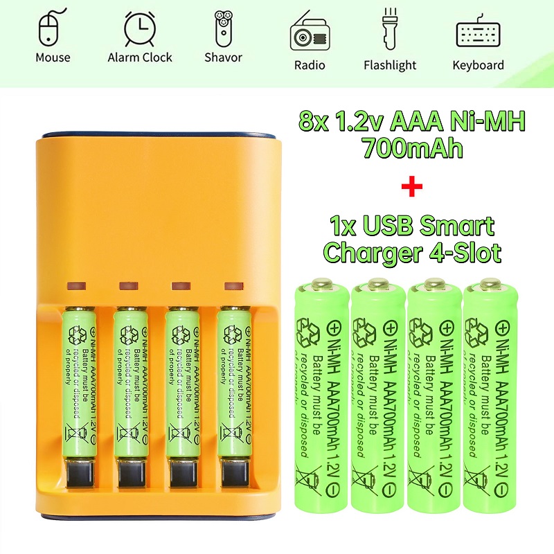 8 個 AAA 1.2V ニッケル水素充電式電池 700mAh ボタントップ USB 4 スロット スマート充電器付き ガーデンソーラーライト用