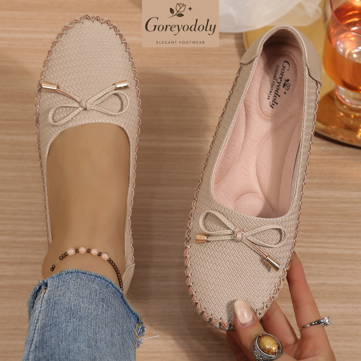 Goreyodoly レディース カジュアル スリッポン フラット 織り柄 リボン 通気性 軽量 快適 デイリー ウォーキングシューズ